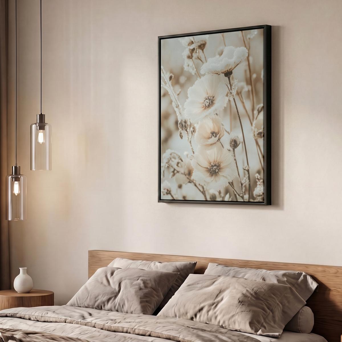LEINWAND Bilder mit Rahmen - Blumen - Winter - Weiß - Schnee - Beige - 60x80 - Creme, Textil (60/80cm) - MuchoWow