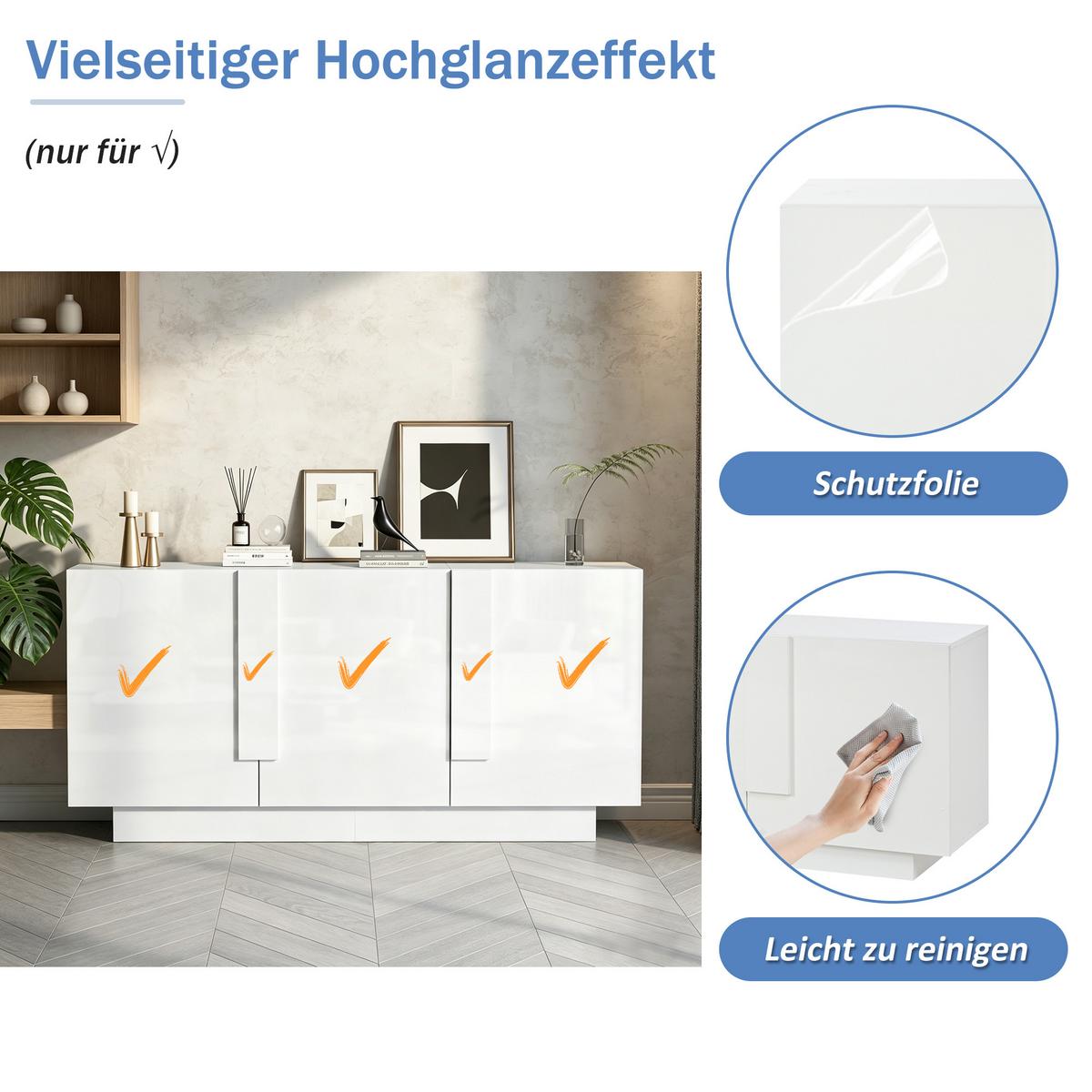 SIDEBOARD 160cm Weiß Hochglanz – Kommode mit 3 Türen & 6 Fächern - Weiß, Holzwerkstoff (35/60/160cm) - Urban Meuble