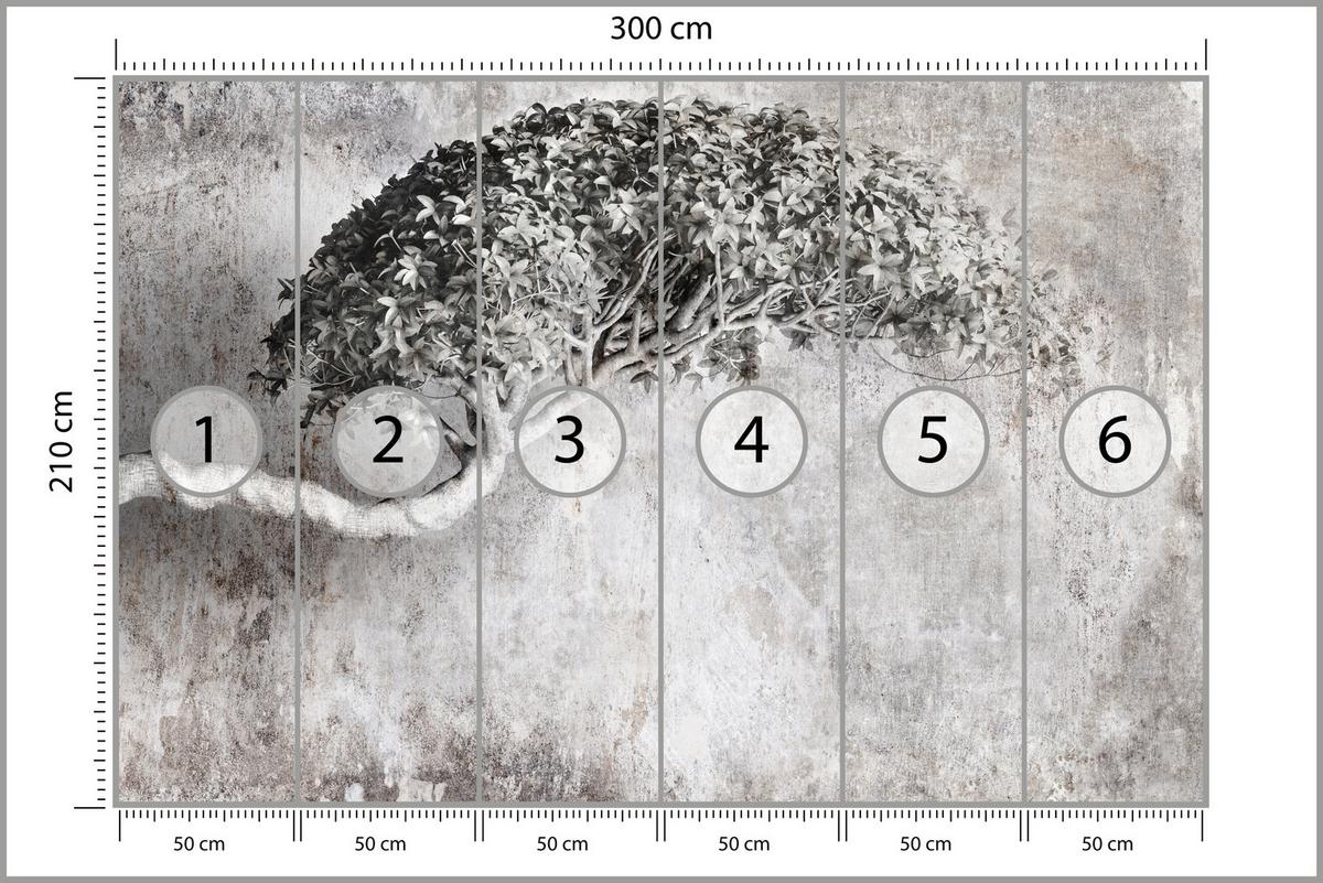 FOTOTAPETE Abstrakter Baum Beton 3D Effekt 300x210 - Schwarz/Grau, Papier (300/210cm) - Muralo