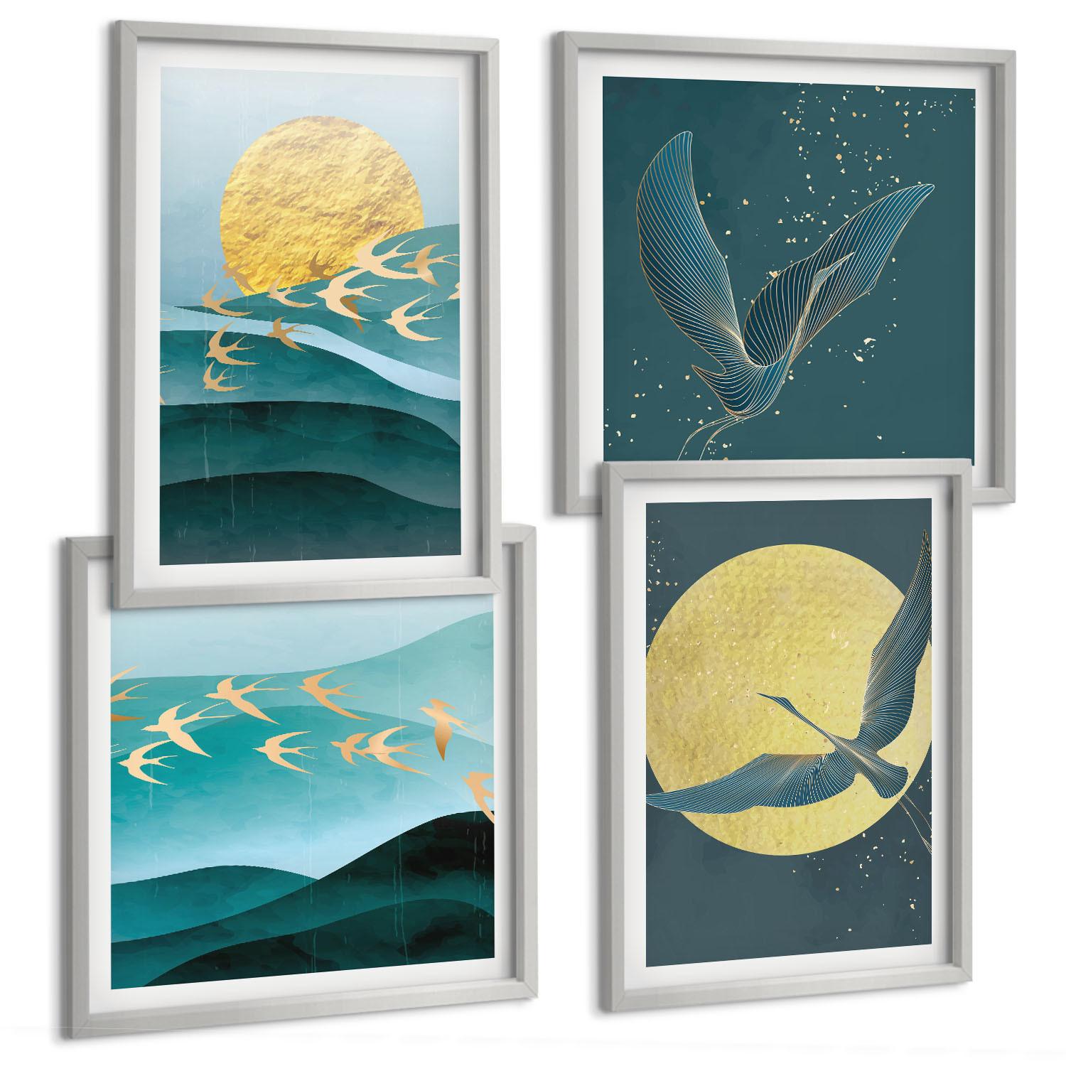 BILDER SET 4er Set - 50x50 cm & 40x60 cm Silberner Rahmen - Stilvolle Landschaften mit Vögeln - Silberfarben, Kunststoff (50/50cm) - TULUP