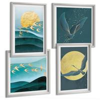 BILDER SET 4er Set - 50x50 cm & 40x60 cm Silberner Rahmen - Stilvolle Landschaften mit Vögeln - Silberfarben, Kunststoff (50/50cm) - TULUP