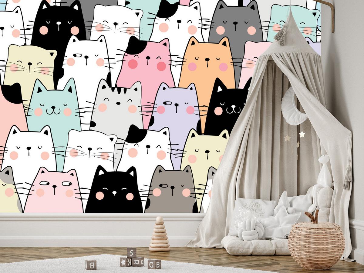 FOTOTAPETE für Kinderzimmer Bunte Katzen Cartoon Abstraktion 300x210 - Blau/Gelb, Papier (300/210cm) - Muralo