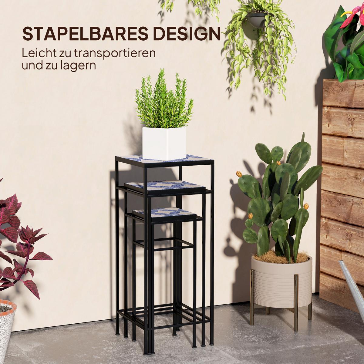 PFLANZENSTÄNDER 3er Set Metall Fliesen Blau - Blau, Metall (28/71/28cm) - Outsunny