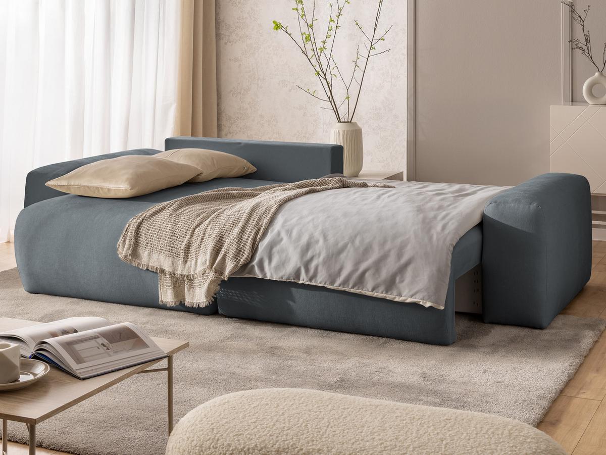 ECKSOFA Puffy mit Schlaffunktion und Bettkasten - besonders weich und puffig aus Dunkelgrau Webstoff - Ottomane links - Dunkelgrau/Schwarz, Holz/Kunststoff (138/266cm) - S-Style Möbel