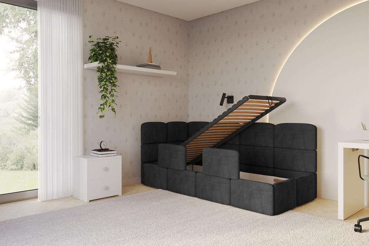 EINZELLBETT Jugendbett mit Bettkasten und Matratze H3/H4, Rechts - KIVY 80x200 Schwarz - Anthrazit, Holzwerkstoff/Textil (80/200cm) - ALTDECOR