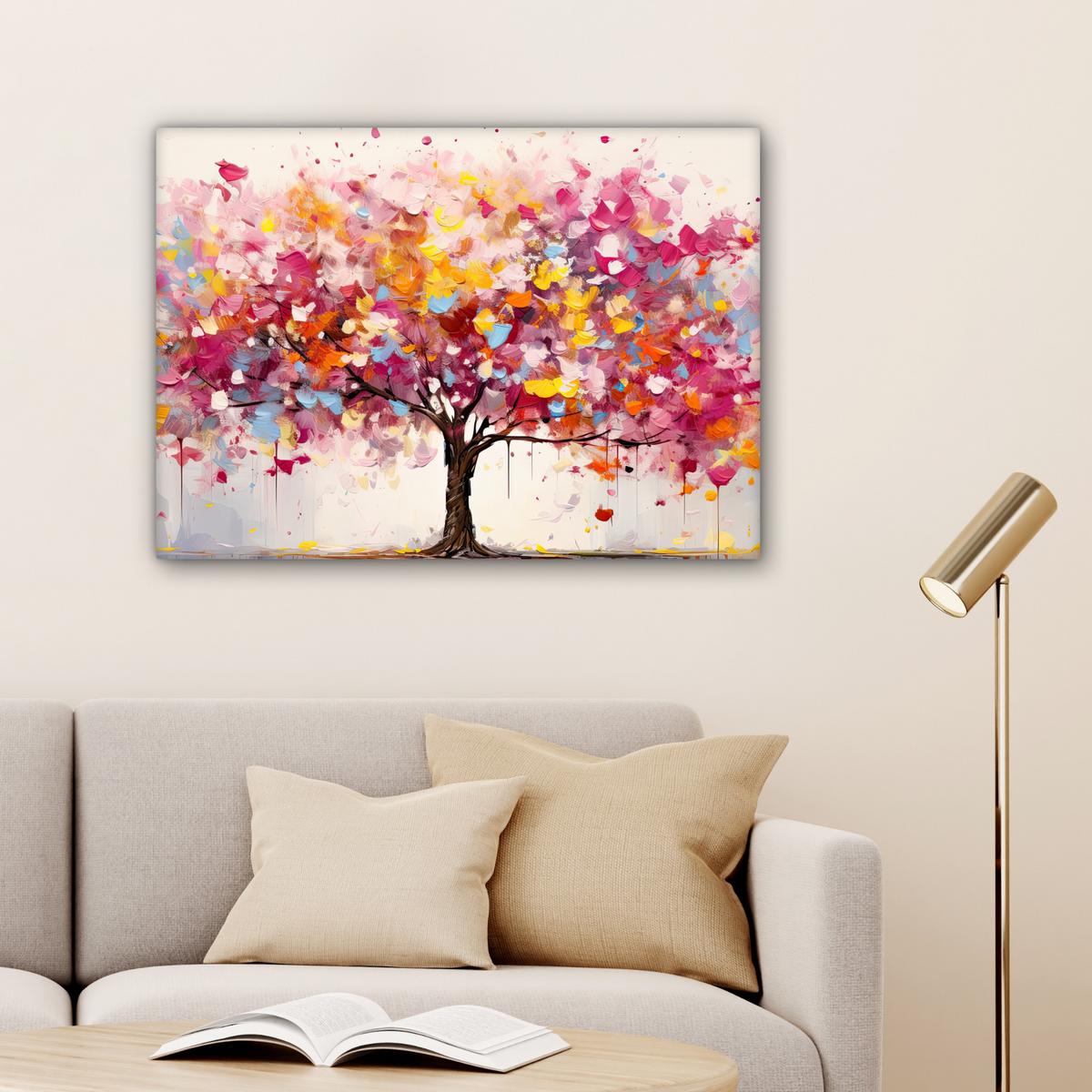 LEINWANDBILD Aquarell - Baum - Kunst - Abstrakt Wandbilder 80x60 cm - Rosa, Textil (80/60cm) - MuchoWow