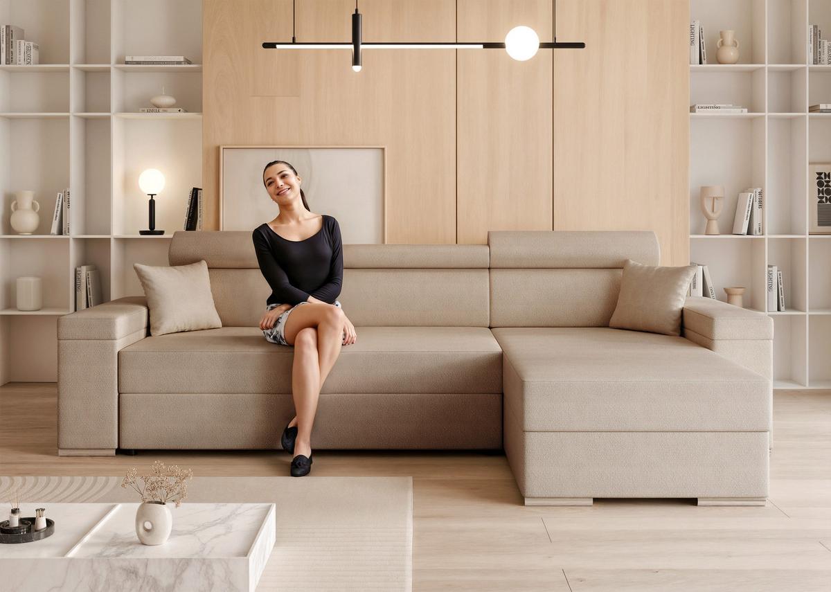 ECKSOFA AISHA Rechts mit Schlaffunktion und Bettkasten Beige - Chromfarben/Beige, Kunststoff/Textil (250/130cm) - Idohome
