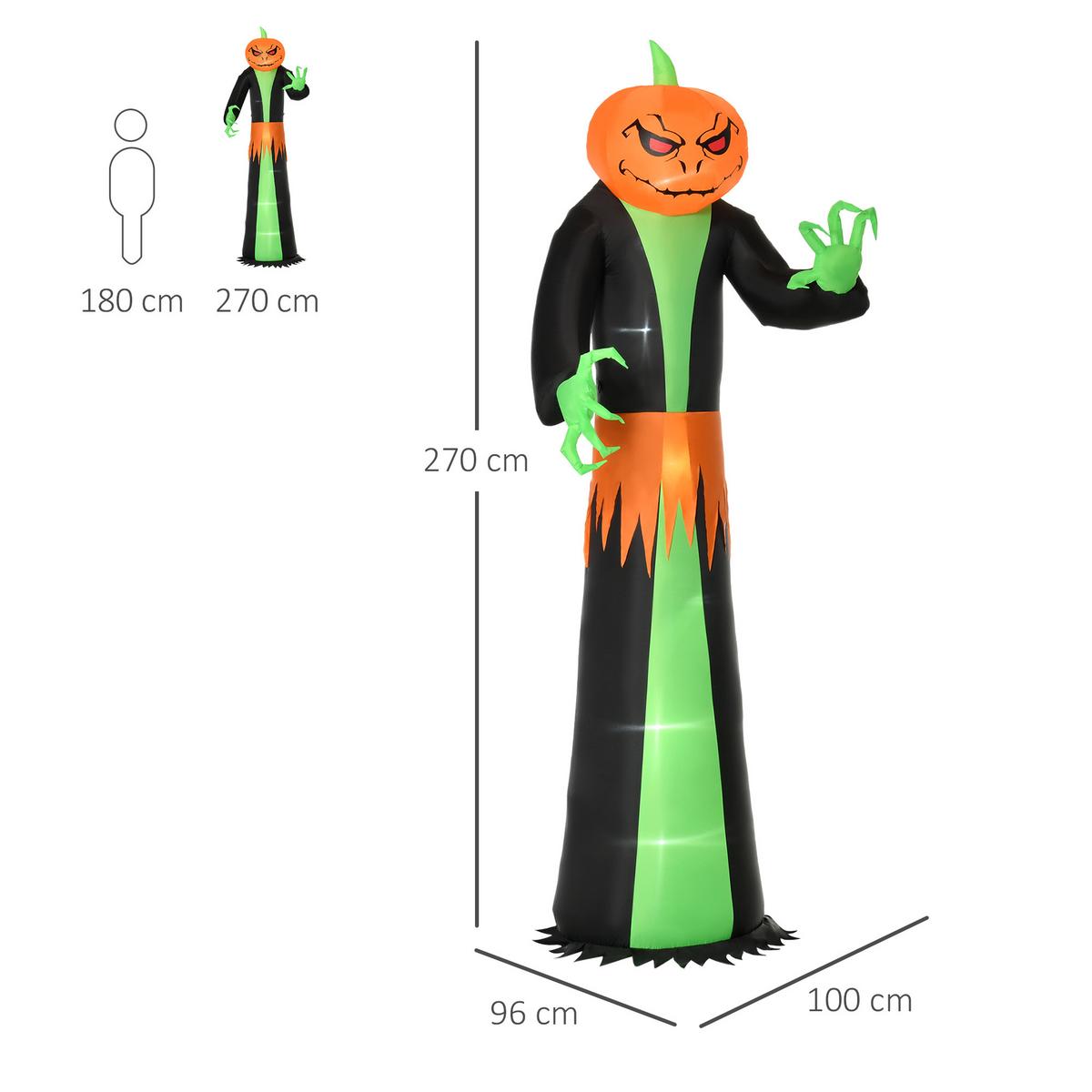 AUFBLASBAR Kürbis Halloween Dekoration Selbstaufblasend Schreck Gespenst mit LED - Schwarz, Kunststoff (96/270/100cm) - HOMCOM