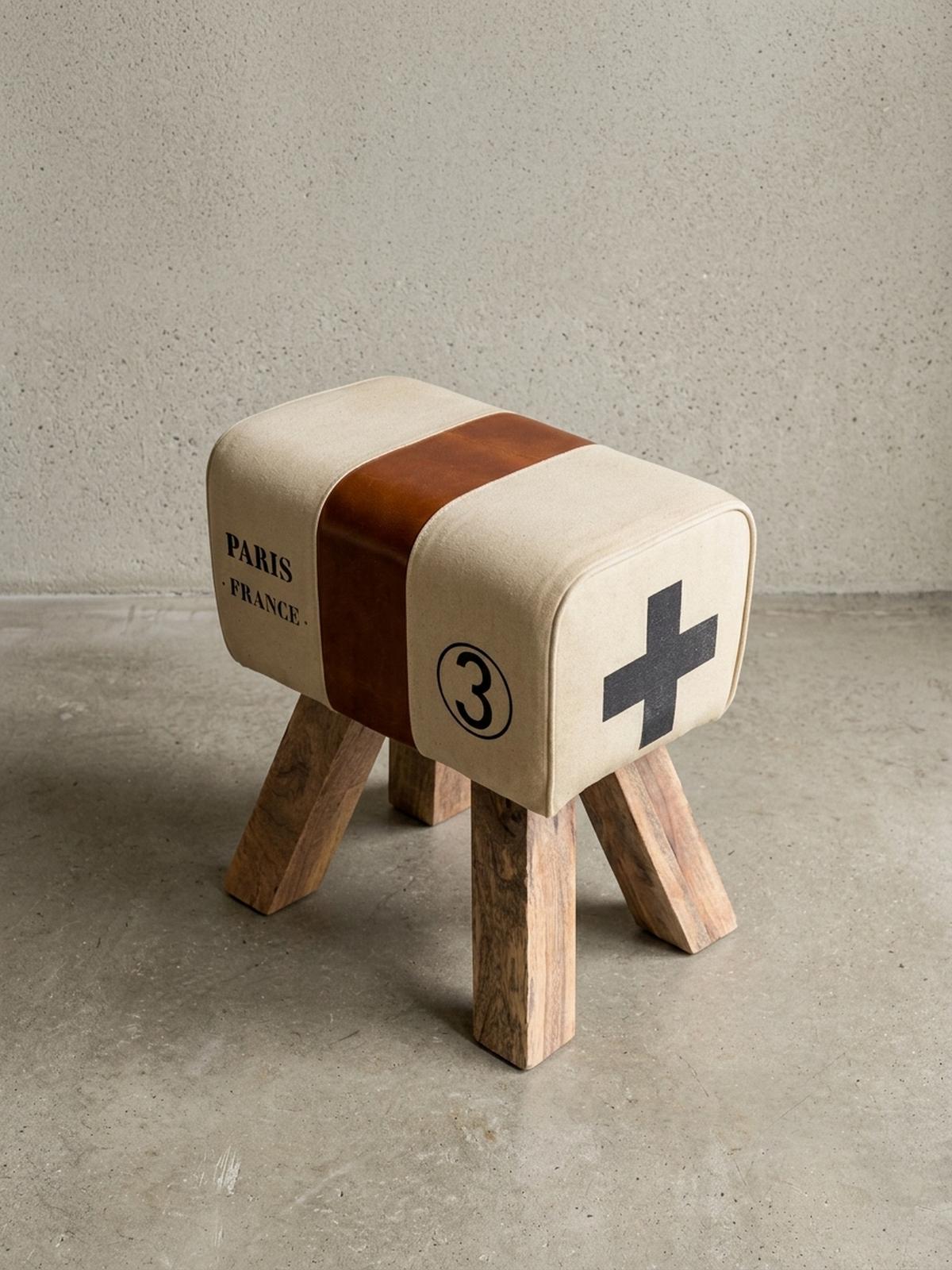 SITZHOCKER Retro Landhaus Holzbeine, Beige 40x30x47 cm - Cognac/Beige, Mangoholz/Textil (40/47/30cm) - KADIMA DESIGN