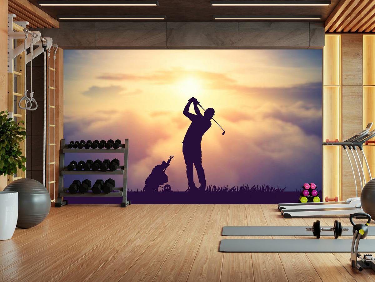 FOTOTAPETE für Jugendzimmer Golfer Sonnenuntergang Silhouette Sport 300x210 - Gelb/Violett, Papier (300/210cm) - Muralo
