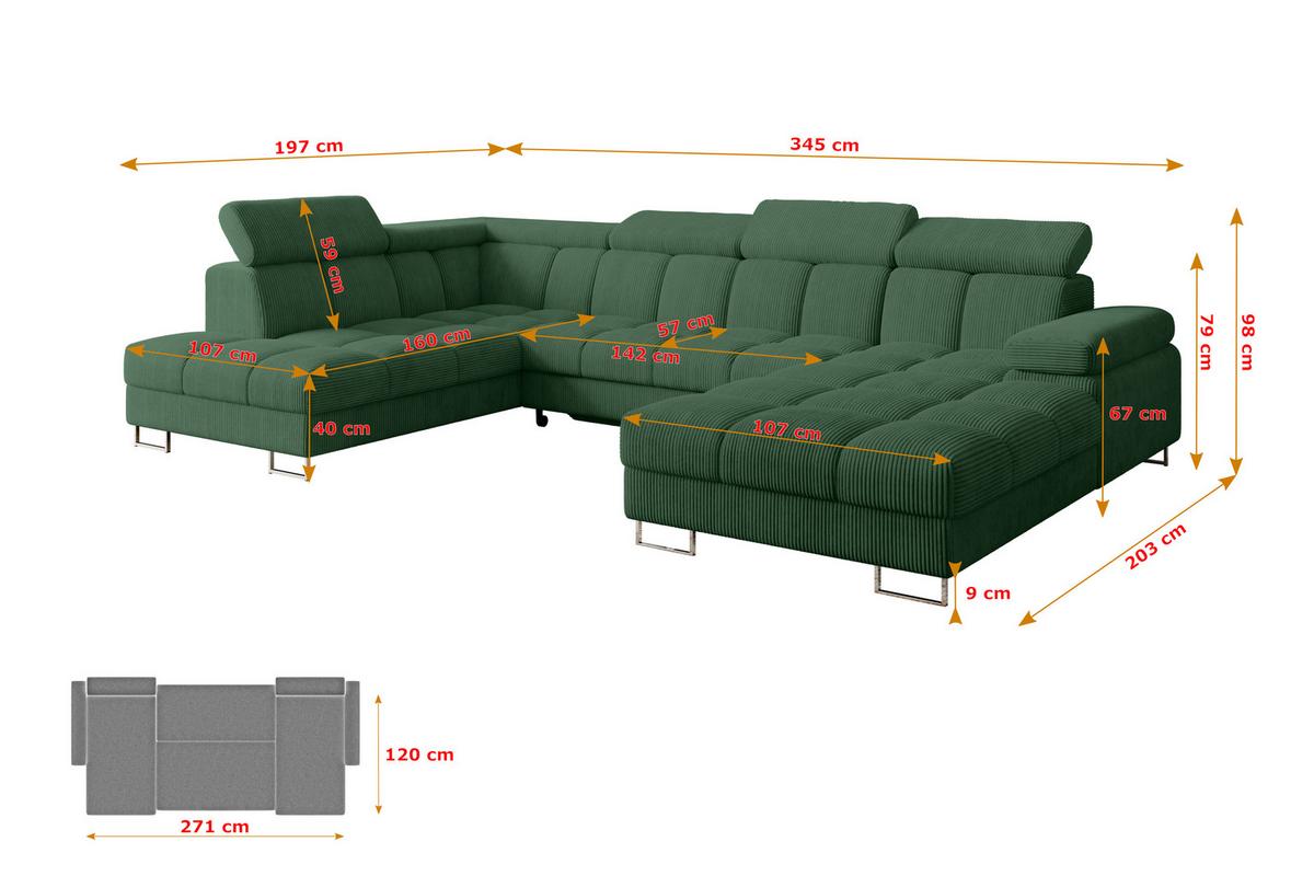 WOHNLANDSCHAFT mit Schlaffunktion und Bettkasten Ottomane Links COMA U 345x203x79 Grün Cord - Waldgrün, Holzwerkstoff/Textil (345/79/203cm) - ALTDECOR