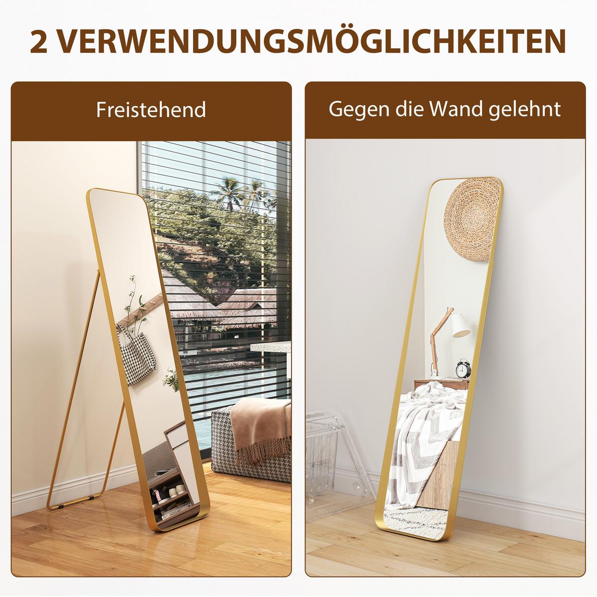 GANZKÖRPERSPIEGEL 160 x 40 cm Gewölbter Standspiegel mit Bruchsichere Glas - Goldfarben, Metall (6/160/40cm) - HOMCOM