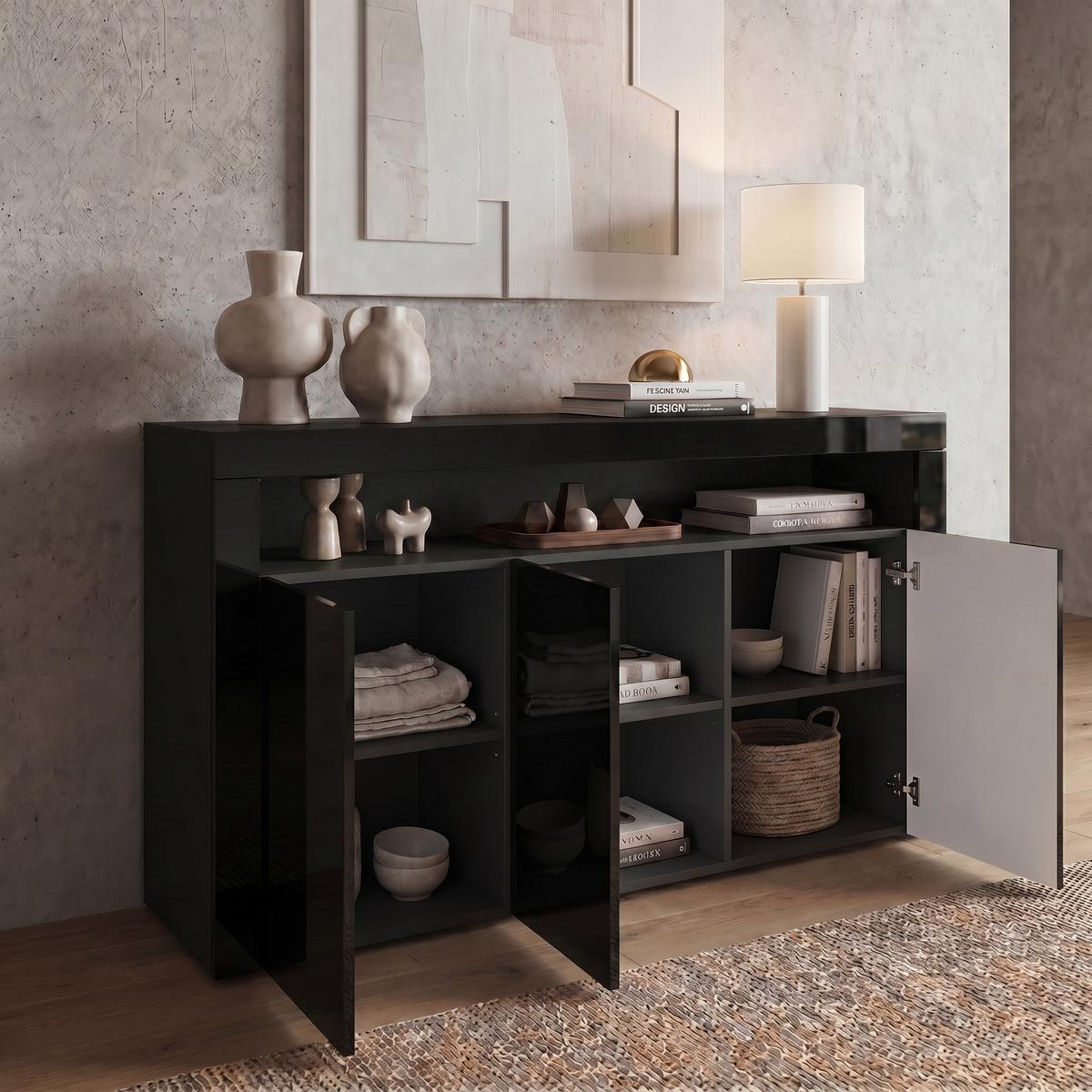 SIDEBOARD Valencia Schwarz Hochglanz / Schwarz Hochglanz - Schwarz Hochglanz, Holzwerkstoff (155/92/40cm) - Vladon