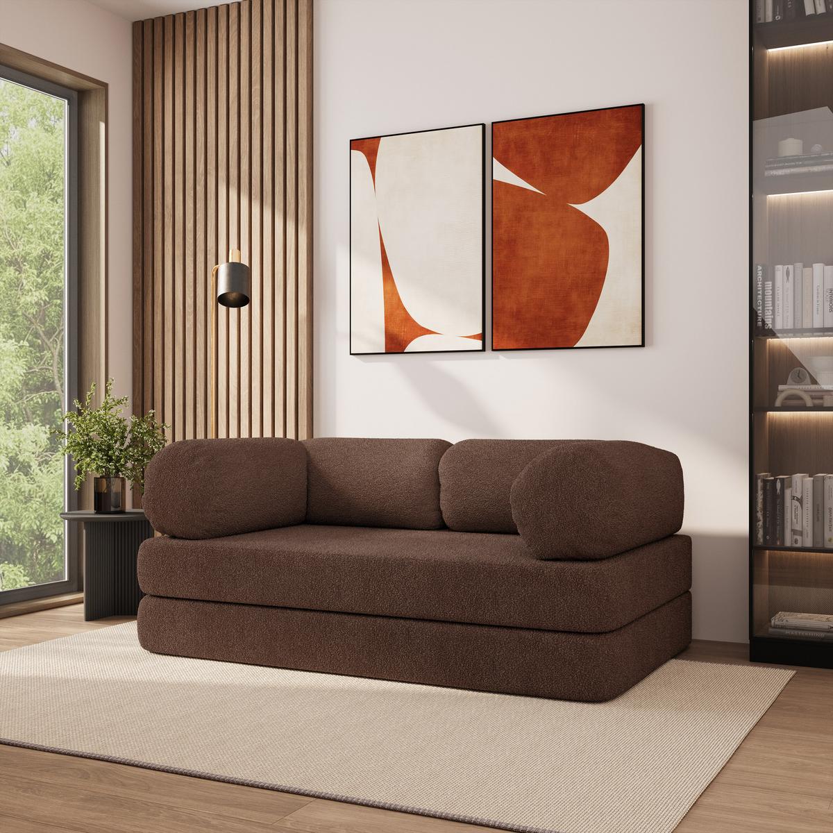 BETTSOFA EIREN aus Schaumstoff Bucle-Stoff Braun Schlaffunktion - Braun, Textil (170/68/80cm) - MASSENO