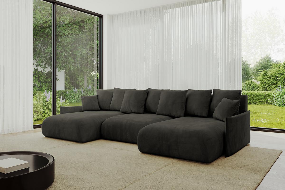 WOHNLANDSCHAFT mit Schlaffunktion und Bettkasten ONESK-U-v1 317x177x72 Schwarz Velours - Schwarz, Holzwerkstoff/Kunststoff (317/72/177cm) - ALTDECOR