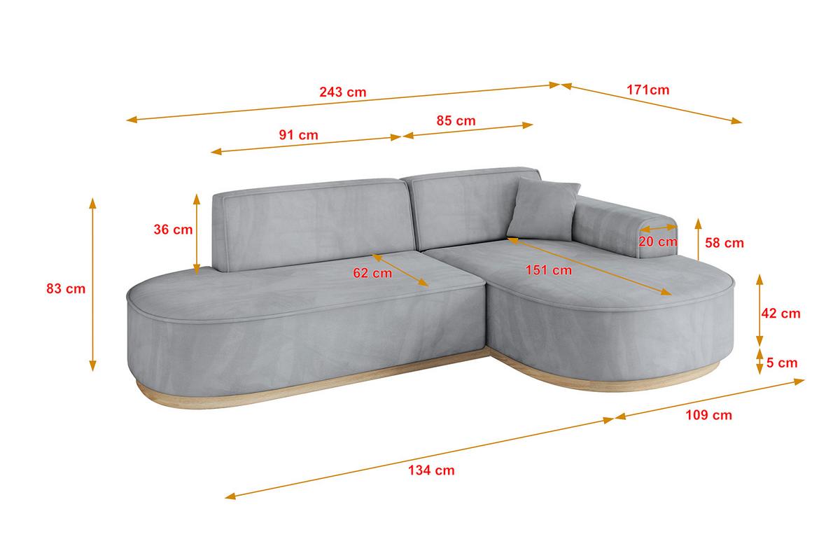 ECKSOFA Ottomane Rechts MARI-L1-v1 - 243x171x83 cm Grau Velours - Grau, Holzwerkstoff/Textil (171/243cm) - ALTDECOR