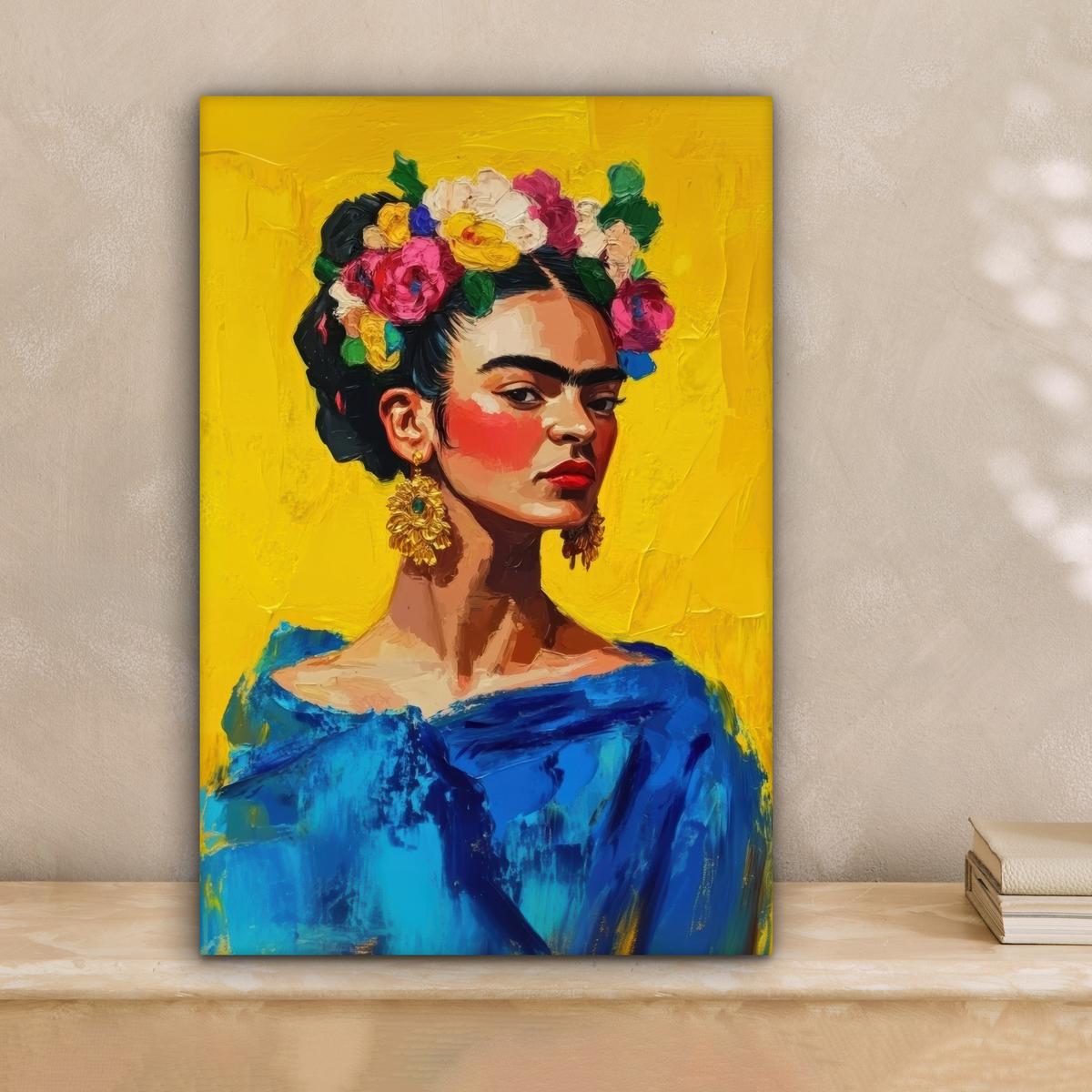 LEINWANDBILD Frida Kahlo - Frau - Gelb - Blau - Blumen Deko Wohnzimmer 20x30 cm - Gelb, Textil (20/30cm) - MuchoWow