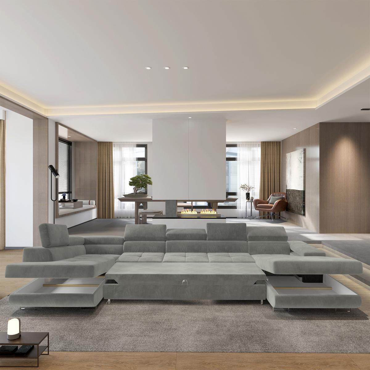 WOHNLANDSCHAFT TORIVA L-S Hellgrau Velours-Stoff mit Schlaffunktion - Hellgrau, Holz (418/90/202cm) - MASSENO
