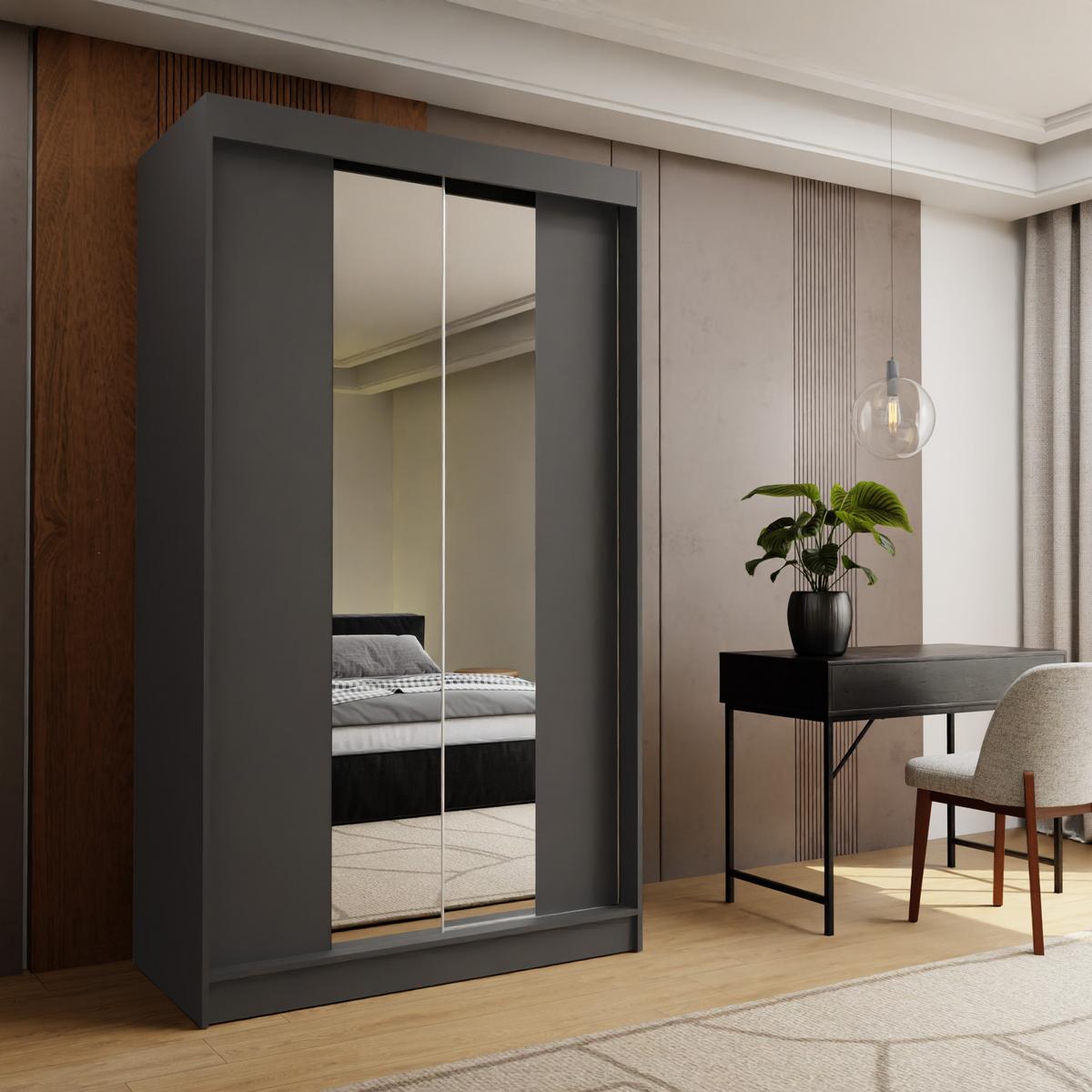 SCHWEBETÜRENSCHRANK LUCENZA 120/216/61 cm 2-türig mit Spiegel Grau - Grau, Holzwerkstoff (120/216/61cm) - MASSENO