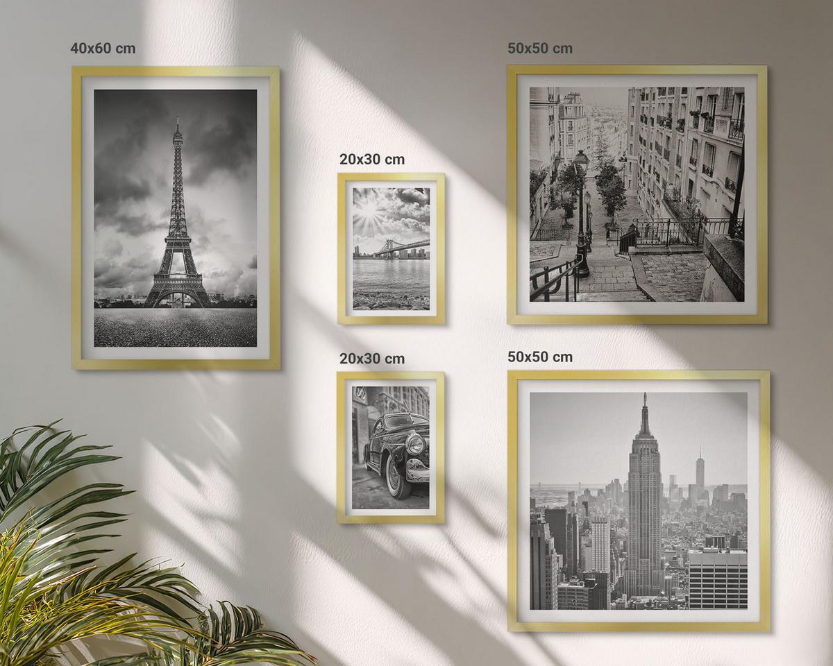 BILDER SET 5er Set - 50x50 cm & 20x30 cm & 40x60 cm Goldrahmen - Neonlinienwellen im Hintergrund - Goldfarben, Kunststoff (40/60cm) - TULUP
