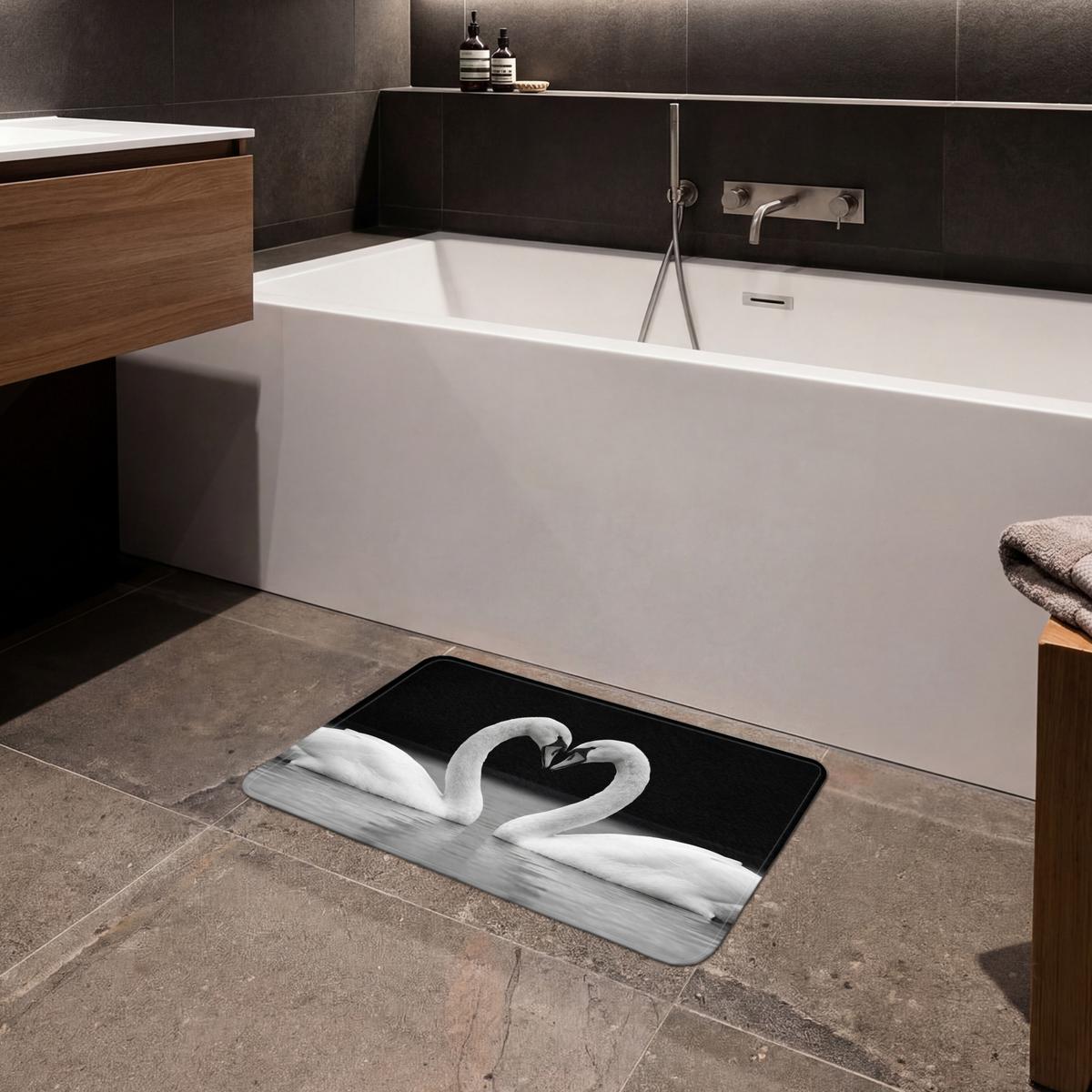 BADEMATTE Schwäne - Herz - Schwarz - Weiß 60x40 cm - Schwarz, Textil (60/40cm) - OnlyWow