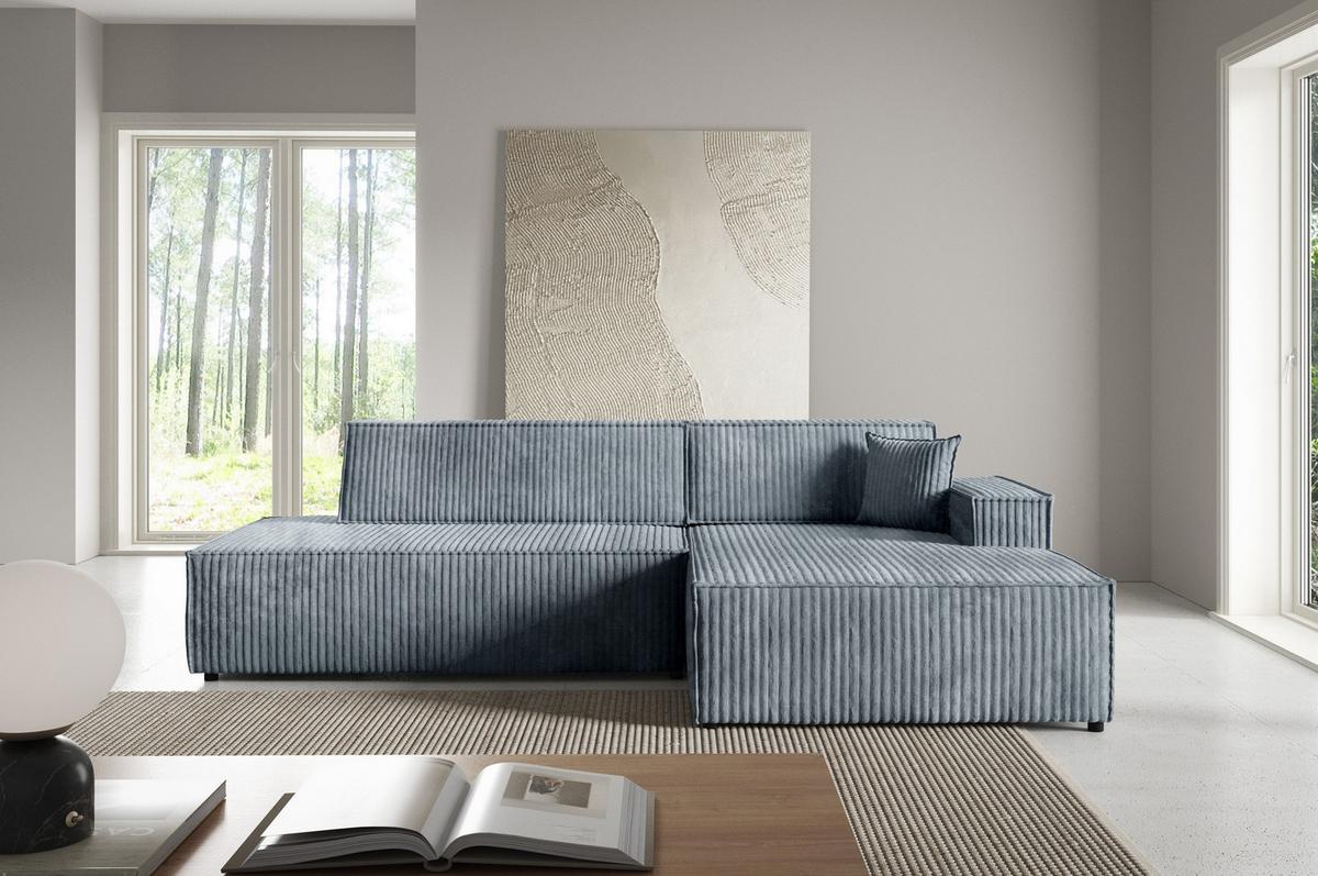 ECKSOFA TESSO L-S Grau Kordstoff mit Schlaffunktion - Grau, Holz (247/170cm) - MASSENO