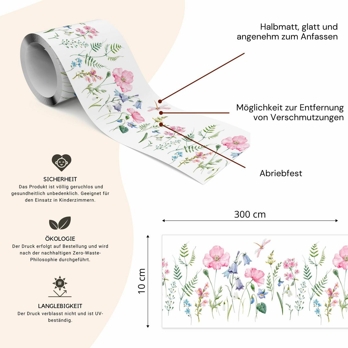 TAPETENBORDÜRE selbstklebend für Kinderzimmer Blumen Blätter Feldpflanzen - Blau/Violett, Papier (10/300/300cm) - Muralo