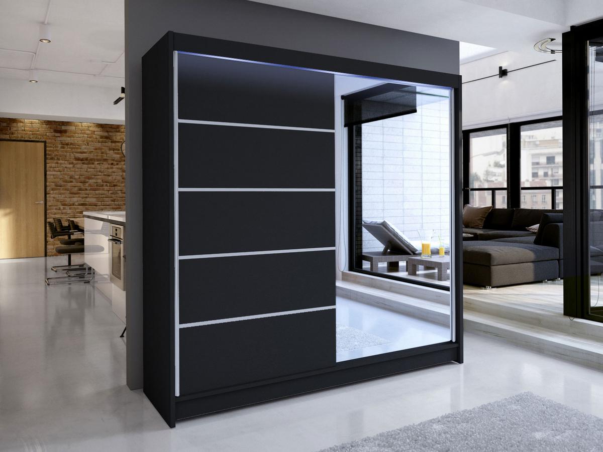 SCHWEBETÜRENSCHRANK Talin III, mit RGB LED Beleuchtung - Silberfarben/Schwarz, Holzwerkstoff/Metall (180/215/58cm) - MIRJAN24