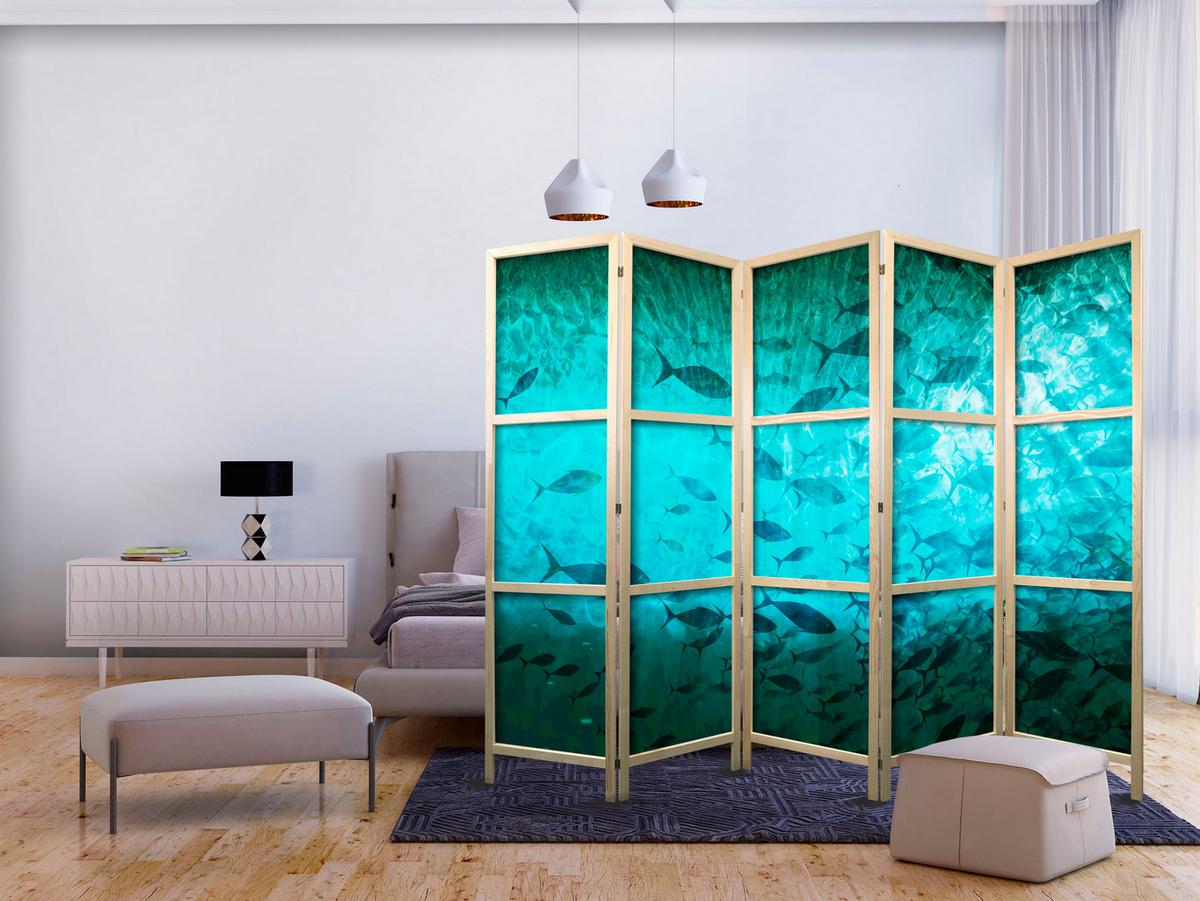 PARAVENT Japanischer 5-tlg 225x172 cm Fische Im Ozean - Blau, Holz/Textil (225/172/3cm) - Muralo