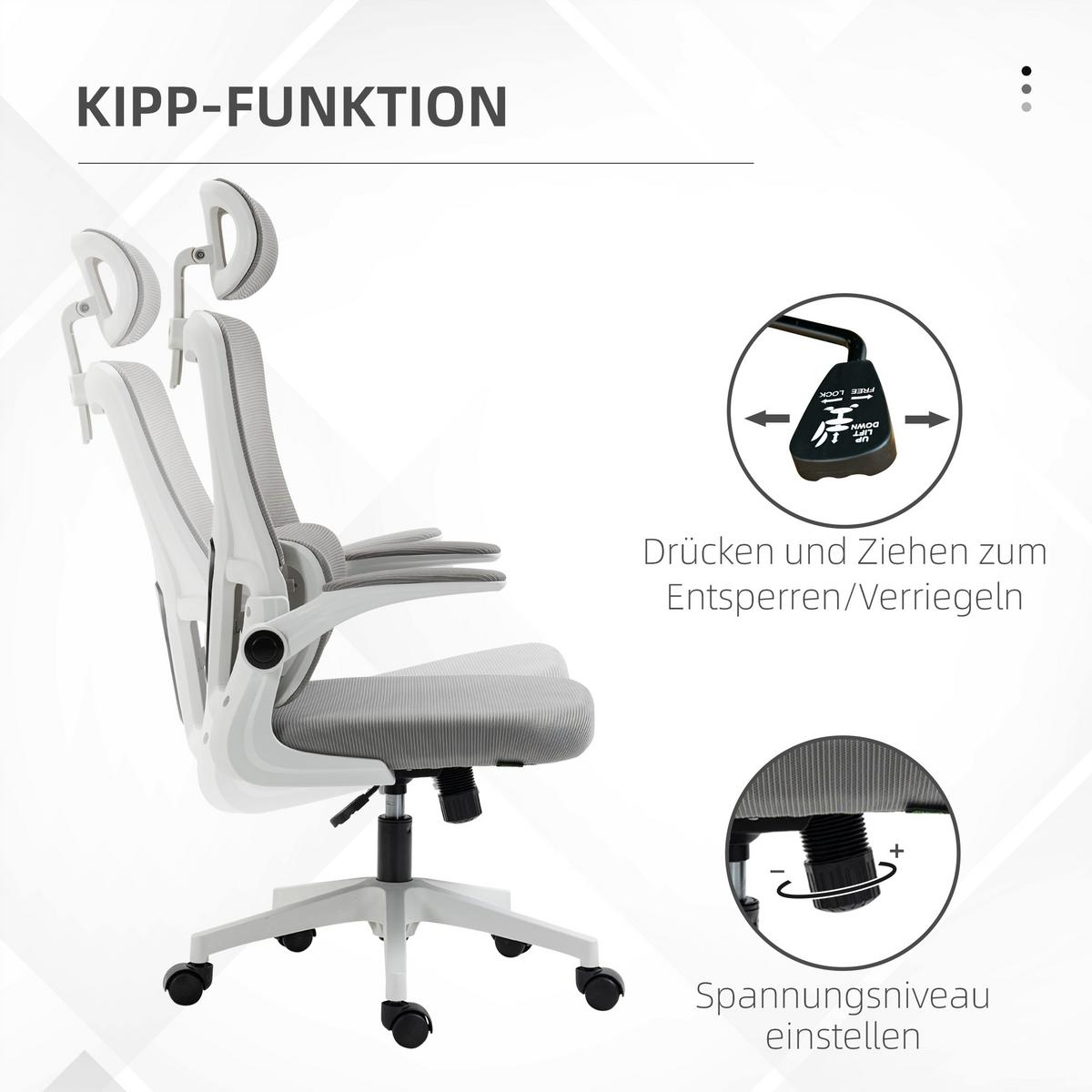 BÜROSTUHL Ergonomisch, Schreibtischstuhl mit Verstellbar Armlehne, Mesh, Grau - Grau, Textil (59/122/60cm) - Vinsetto