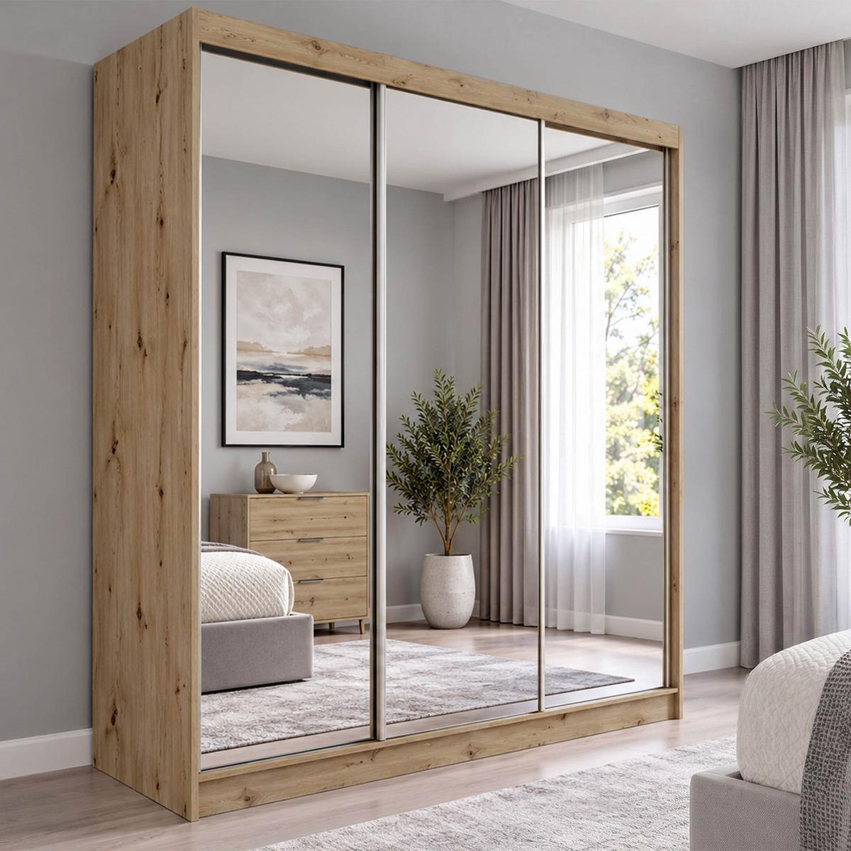 SCHWEBETÜRENSCHRANK Debra mit 3 Türen, 180/216/61 eiche Artisan mit Spiegel - Eiche Artisan, Holzwerkstoff (180/216/61cm) - Beautysofa