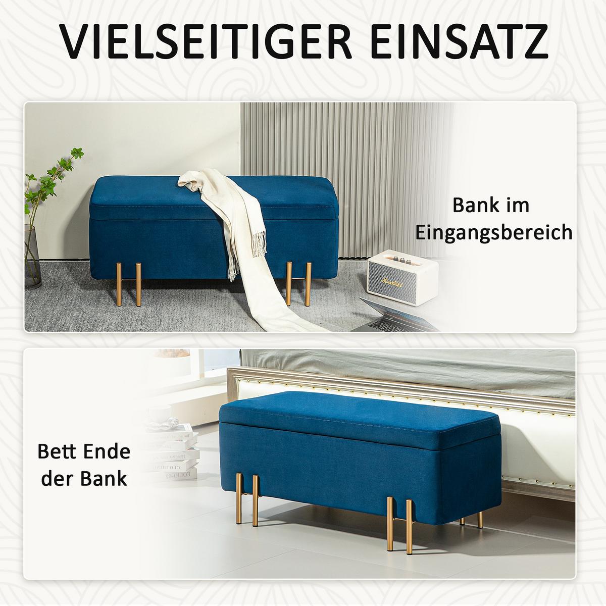 TRUHENBANK Metall, Kautschukholz, Schaumstoff Dunkelblau - Blau, Textil (40/42/100cm) - HOMCOM