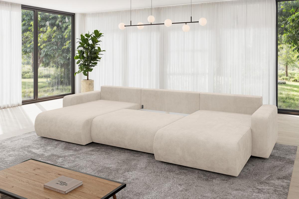 WOHNLANDSCHAFT mit Schlaffunktion und Bettkasten BERY-U 377x193x88 Beige Cord - Beige/Schwarz, Holzwerkstoff/Kunststoff (377/88/193cm) - ALTDECOR