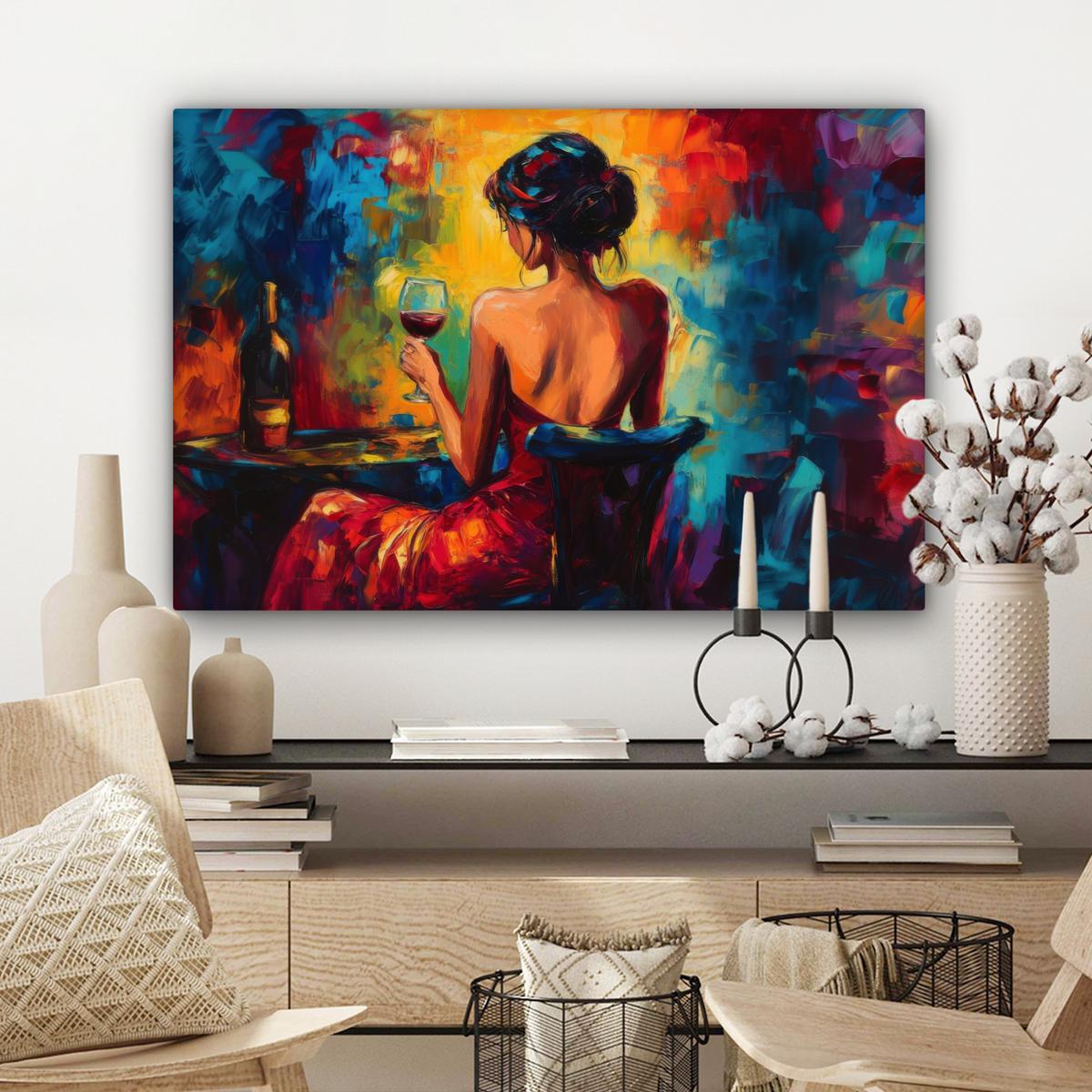 LEINWANDBILD Wein - Frau - Stimmungsvoll - Farbenfroh Wanddeko 90x60 cm - Bordeaux, Textil (90/60cm) - MuchoWow