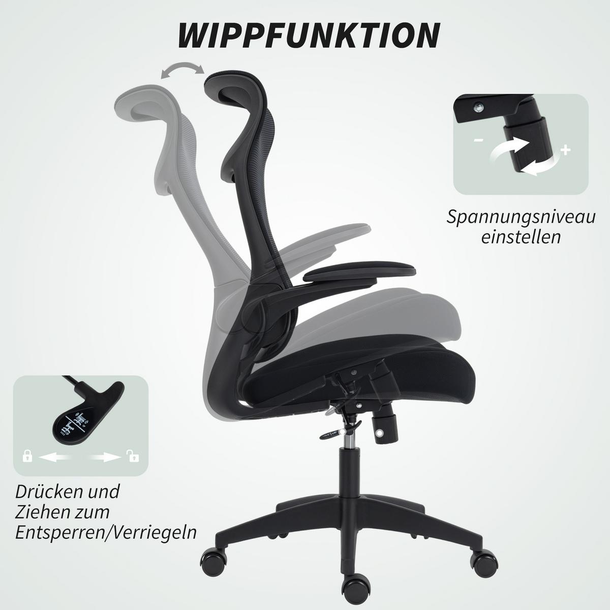 BÜROSTUHL mit 3D-Armlehnen Netzbespannung Kopfstütze Ergonomisch - Schwarz, Kunststoff/Textil (64/118/65cm) - HOMCOM