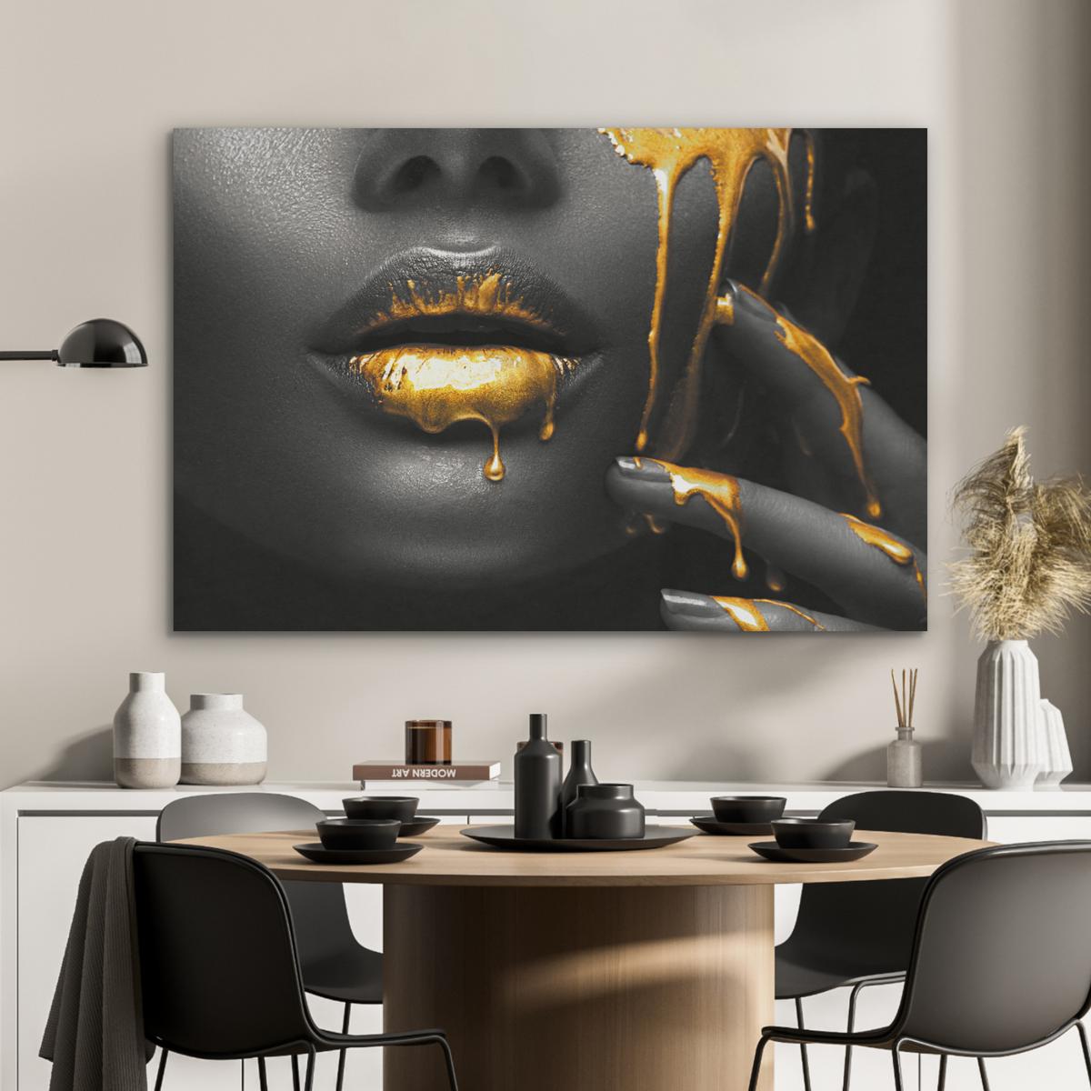 AKUSTIKBILD Frau - Schwarz - Gold - Gesicht - Lippen Wandbild Wohnzimmer 100x70 cm - Goldfarben, Kunststoff (100/70/0.9cm) - MuchoWow