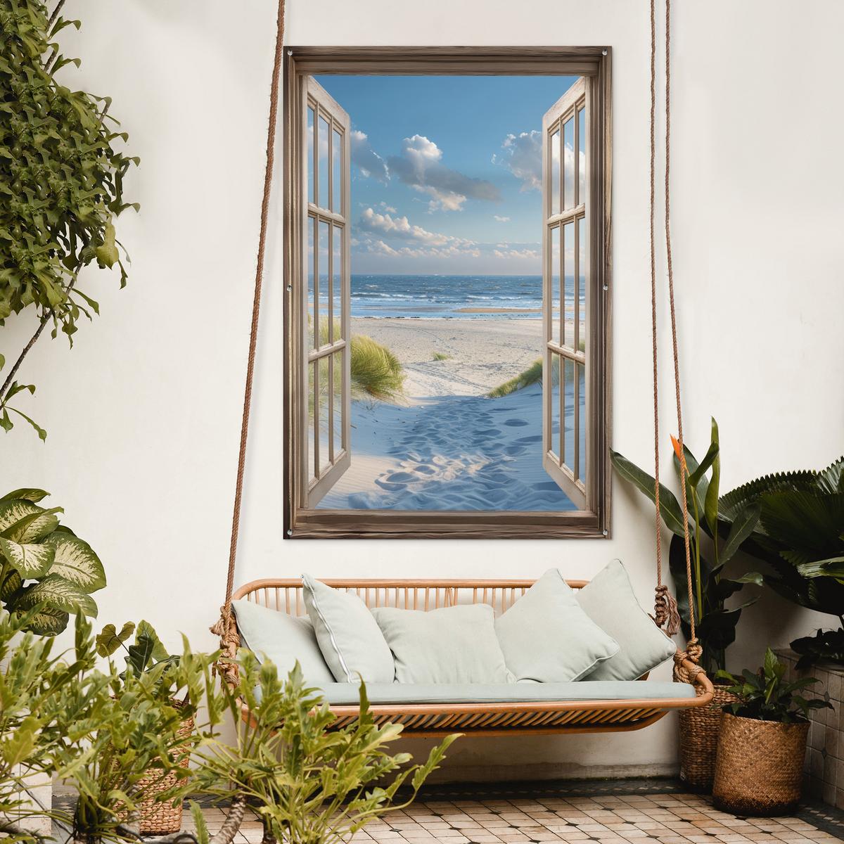GARTENPOSTER Aussicht - Strand - Fenster - Dünen - Meer Bild 120x180 cm - Hellblau, Kunststoff (120/180/0.2cm) - OnlyWow