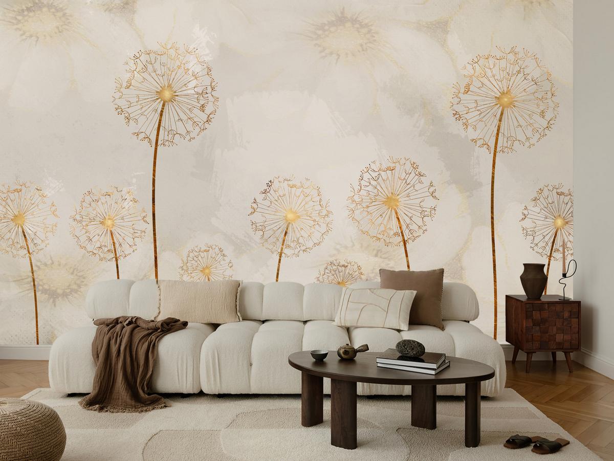FOTOTAPETE für Schlafzimmer Goldene Löwenzahn Aquarell Blumen 400x280 - Gelb/Beige, Papier (400/280cm) - Muralo