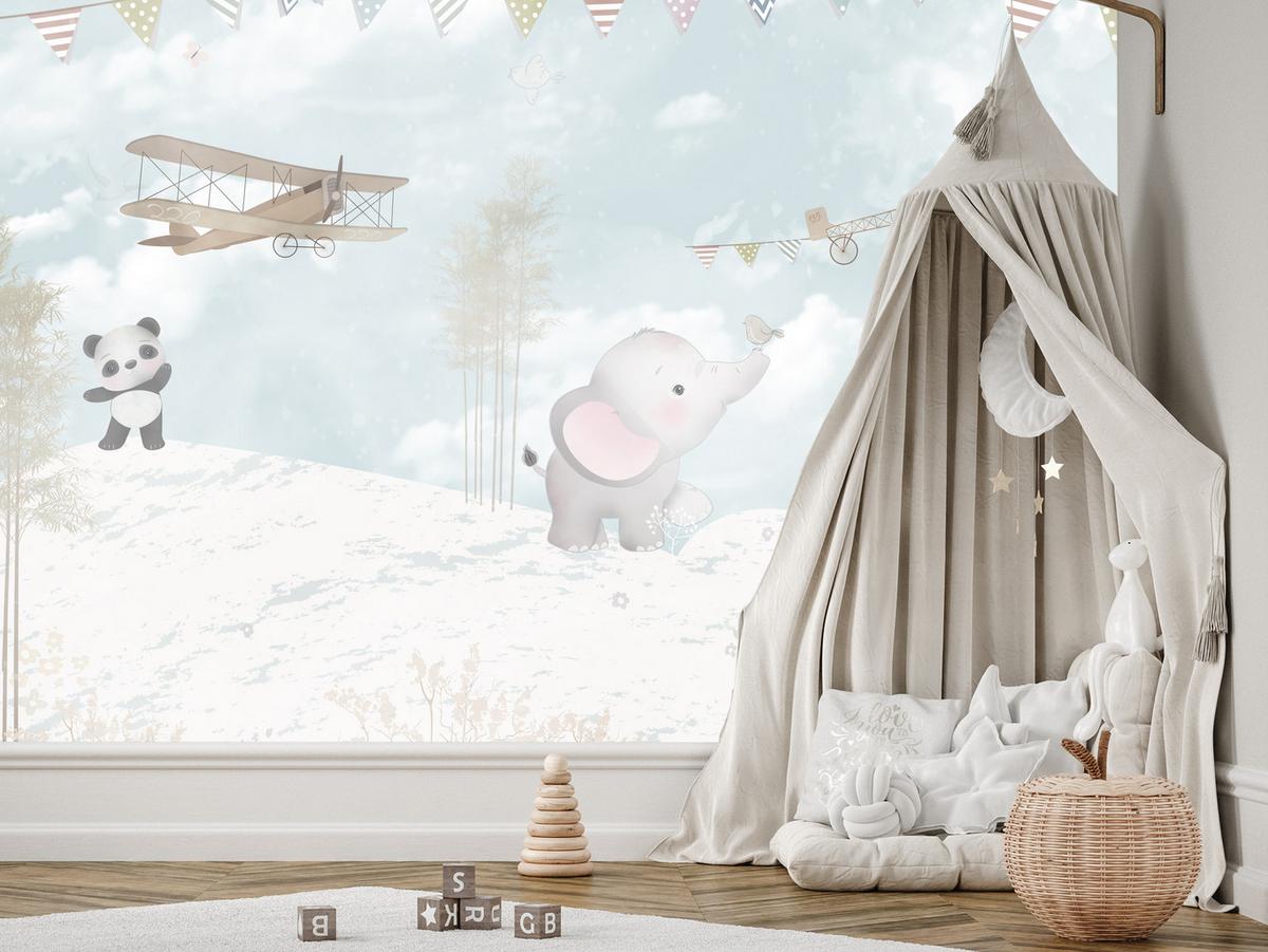FOTOTAPETE für Kinderzimmer Boho Elefant Panda Giraffe Pflanze Flugzeug 200x140 - Multicolor, Papier (200/140cm) - Muralo