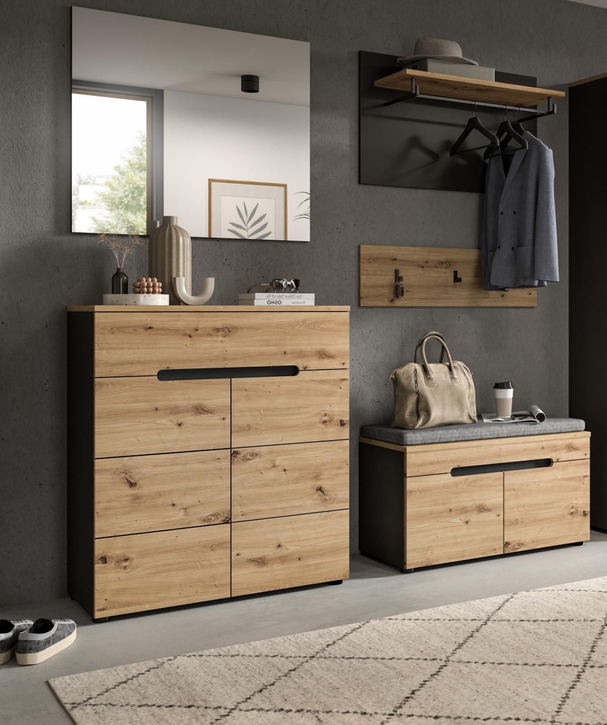 GARDEROBE Set 5-teilig Eiche Artisan grau 175 cm, mit Soft-Close - Schwarz/Eiche Artisan, Glas/Holzwerkstoff (175/190/37cm) - Inn.Furn