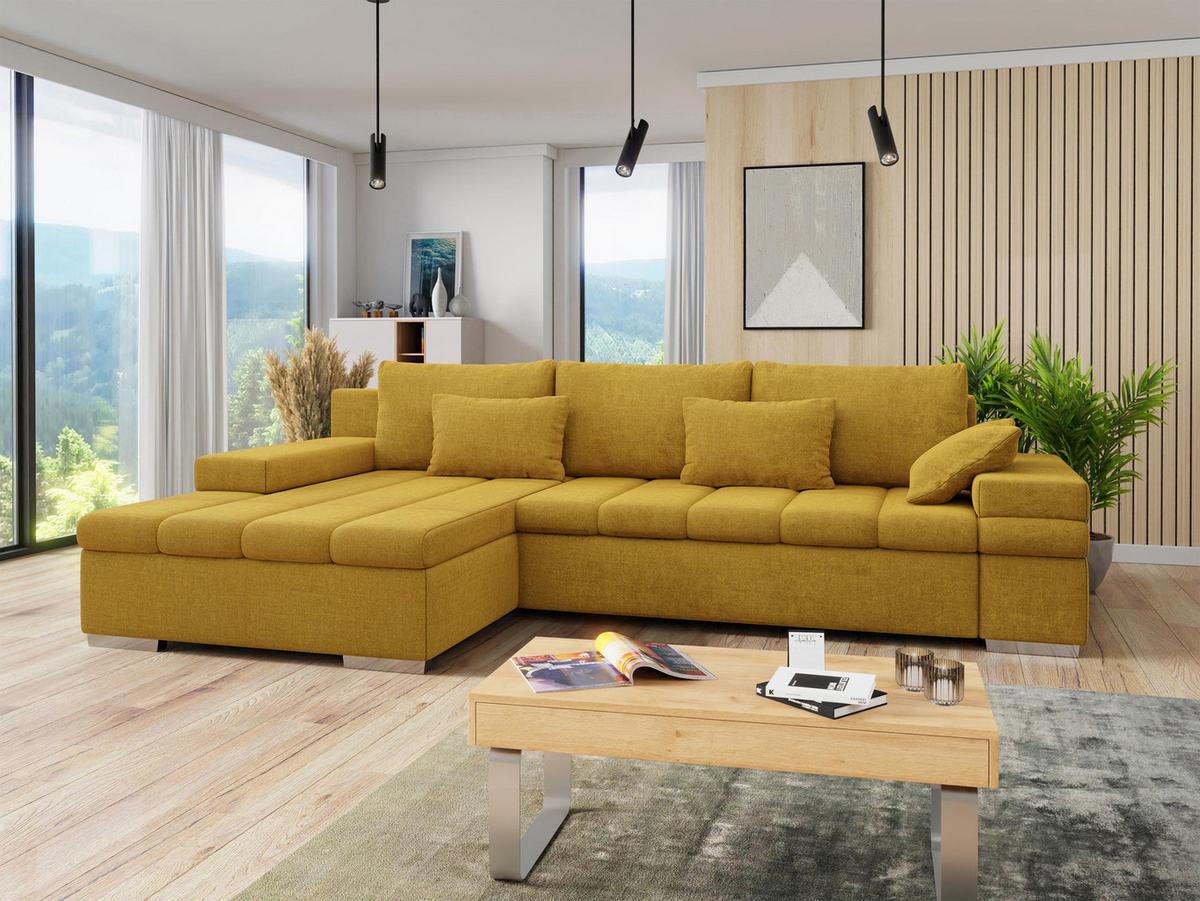 ECKSOFA Bangkok Premium, Seite: Links - Currygelb/Silberfarben, Holz/Textil (310/175cm) - MIRJAN24