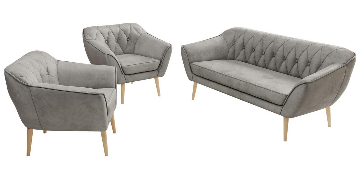 SITZGARNITUR PIRS 3+1+1 - Hellgrau Velvet - Holzbeine - Buchefarben/Hellgrau, Holzwerkstoff/Textil (180/75/74cm) - MKS