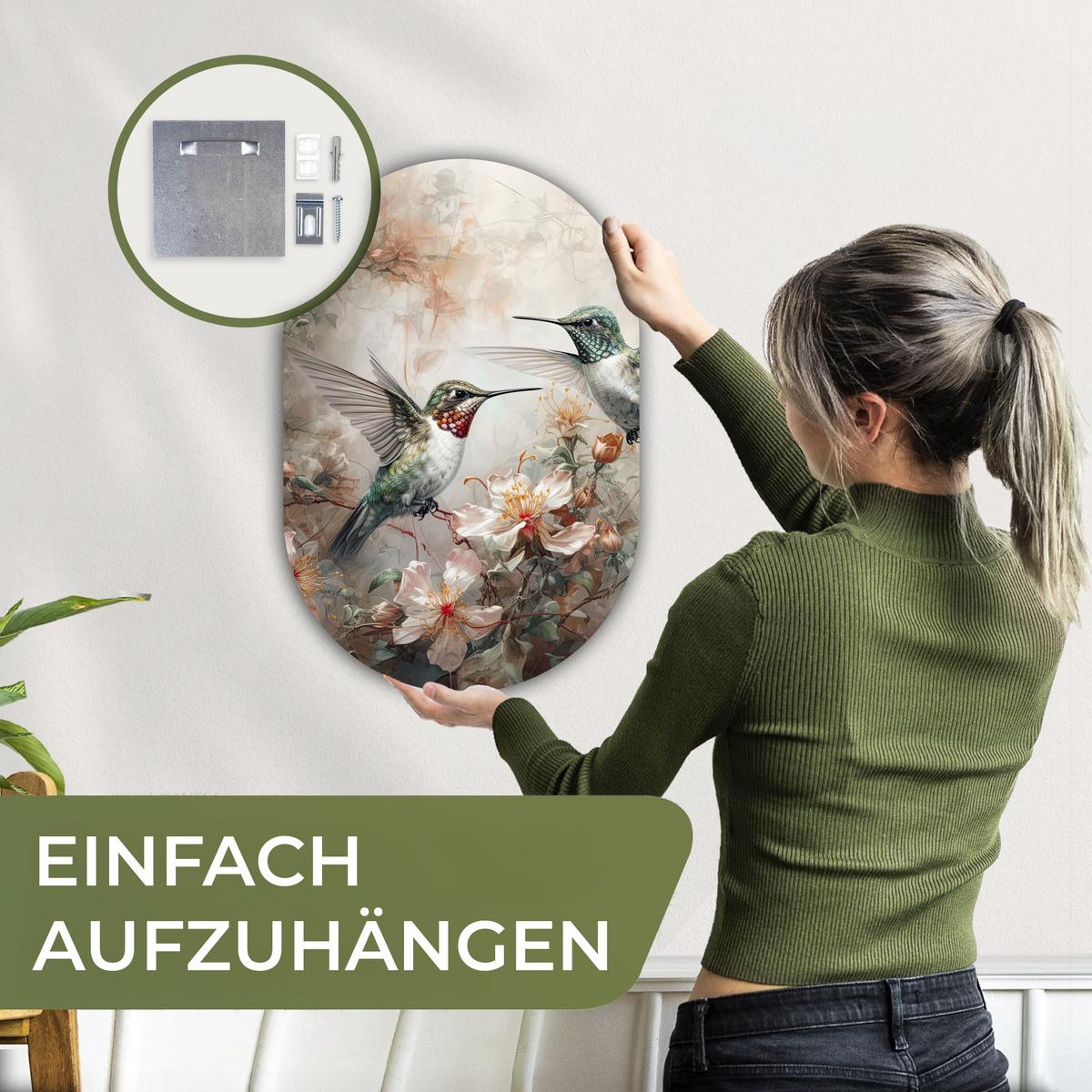 WANDBILD Kolibri - Vögel - Blumen - Pflanzen Deko Wohnzimmer 40x60 cm - Hellgrün, Kunststoff (40/60cm) - MuchoWow