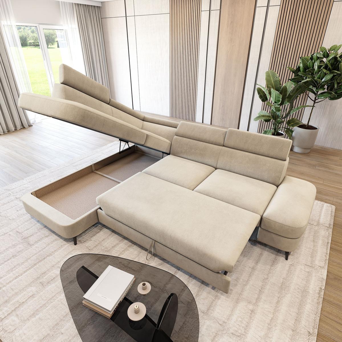 ECKSOFA AVISE MV L-S Creme Velours-Stoff mit Schlaffunktion - Creme, Holzwerkstoff/Textil (268/195cm) - MASSENO