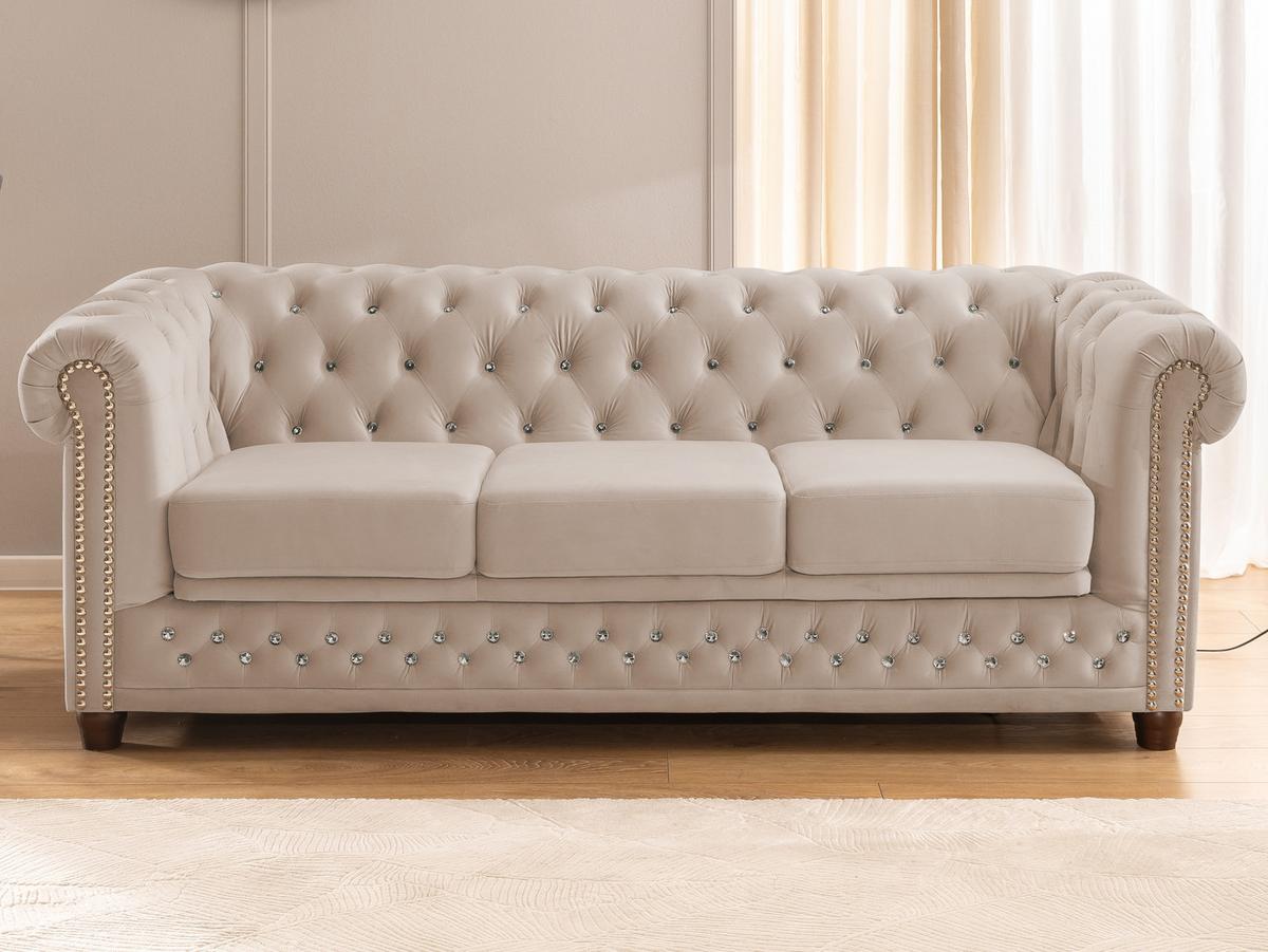 CHESTERFIELD-SOFA 3-Sitzer mit Schlaffunktion Cleo Blink Beige Samt mit Kristallsteppung und braunen Massivholzfüßen - Beige/Braun, Holz/Textil (203/72/86cm) - S-Style