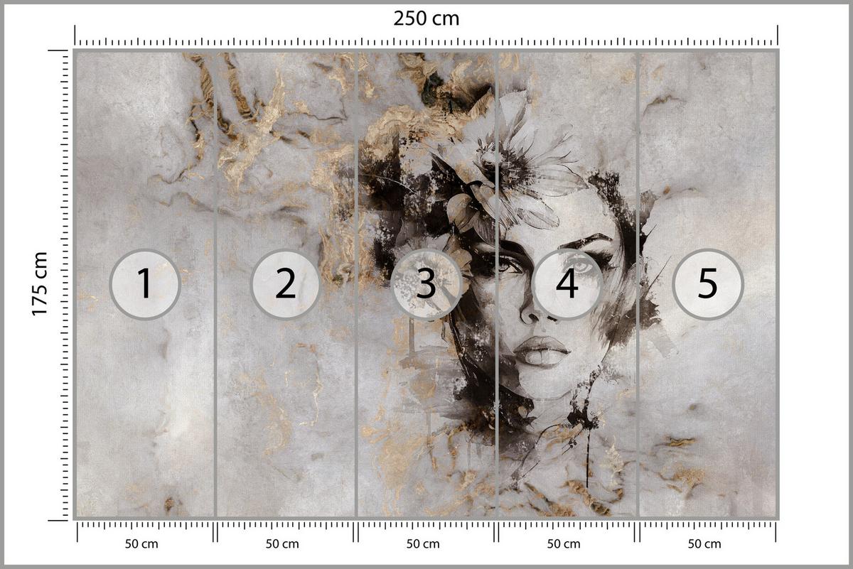 FOTOTAPETE für Wohnzimmer Frau Porträt Beton Blumen Modern 250x175 - Gelb/Beige, Papier (250/175cm) - Muralo
