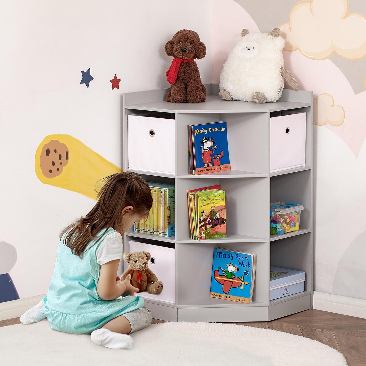 KINDERREGAL Eckregal mit 3 Aufbewahrungsboxen Kinderzimmer Spielzeugablage Grau - Grau, Holzwerkstoff (57.4/94/57.4cm) - HOMCOM
