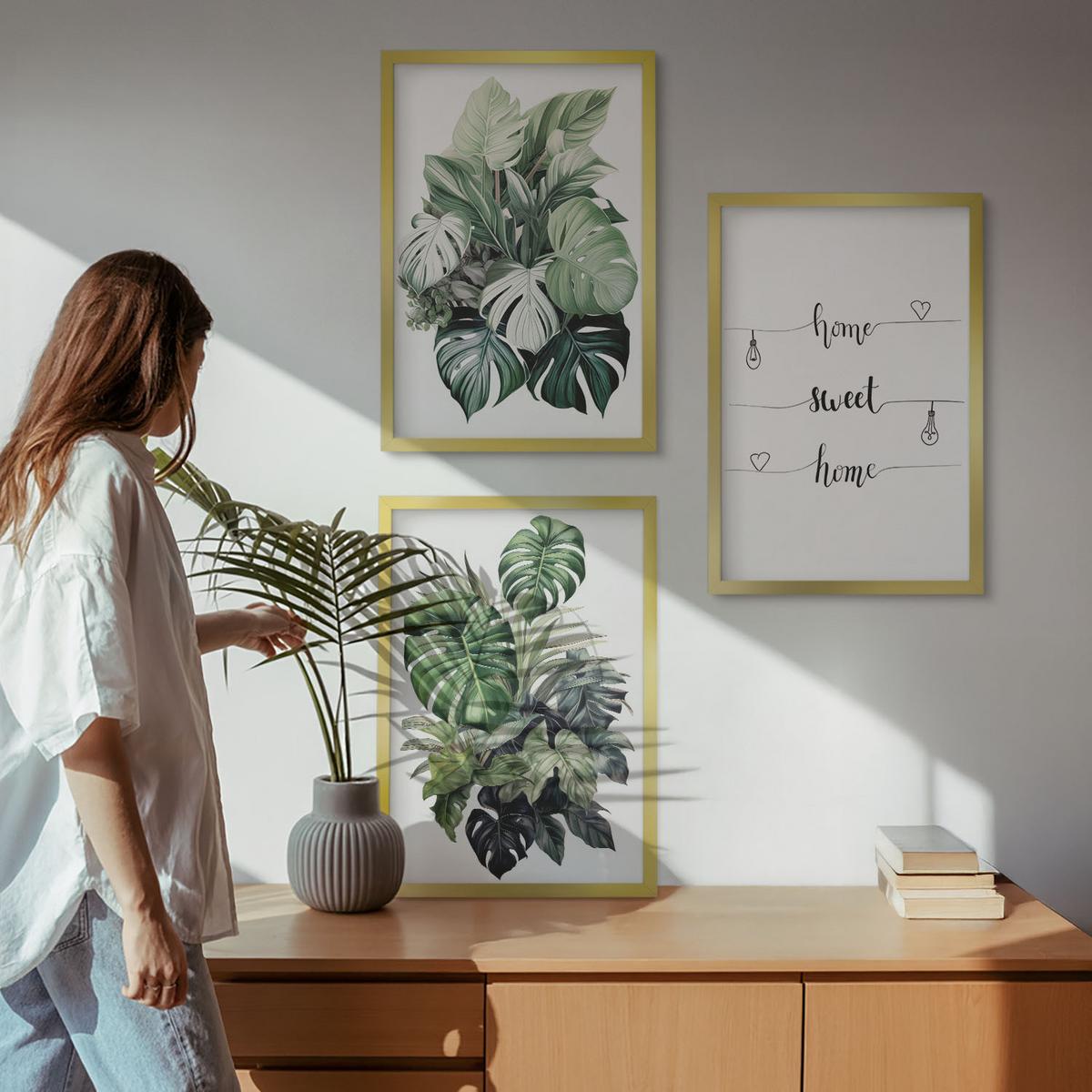 BILDER SET 3er Set - 40x60 cm Goldrahmen - Aquarell-Monstera-Blätter - Goldfarben, Kunststoff (40/60cm) - TULUP