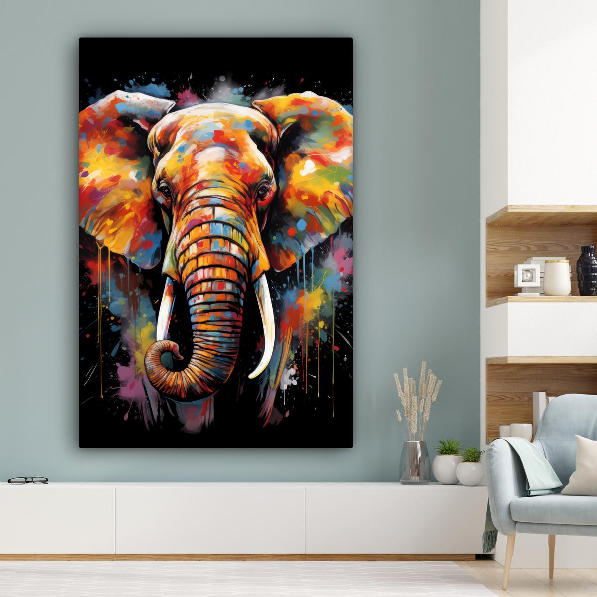 LEINWANDBILD Elefant - Graffiti - Schwarz - Tiere - Farben Deko Groß 90x140 cm - Schwarz, Textil (90/140cm) - MuchoWow