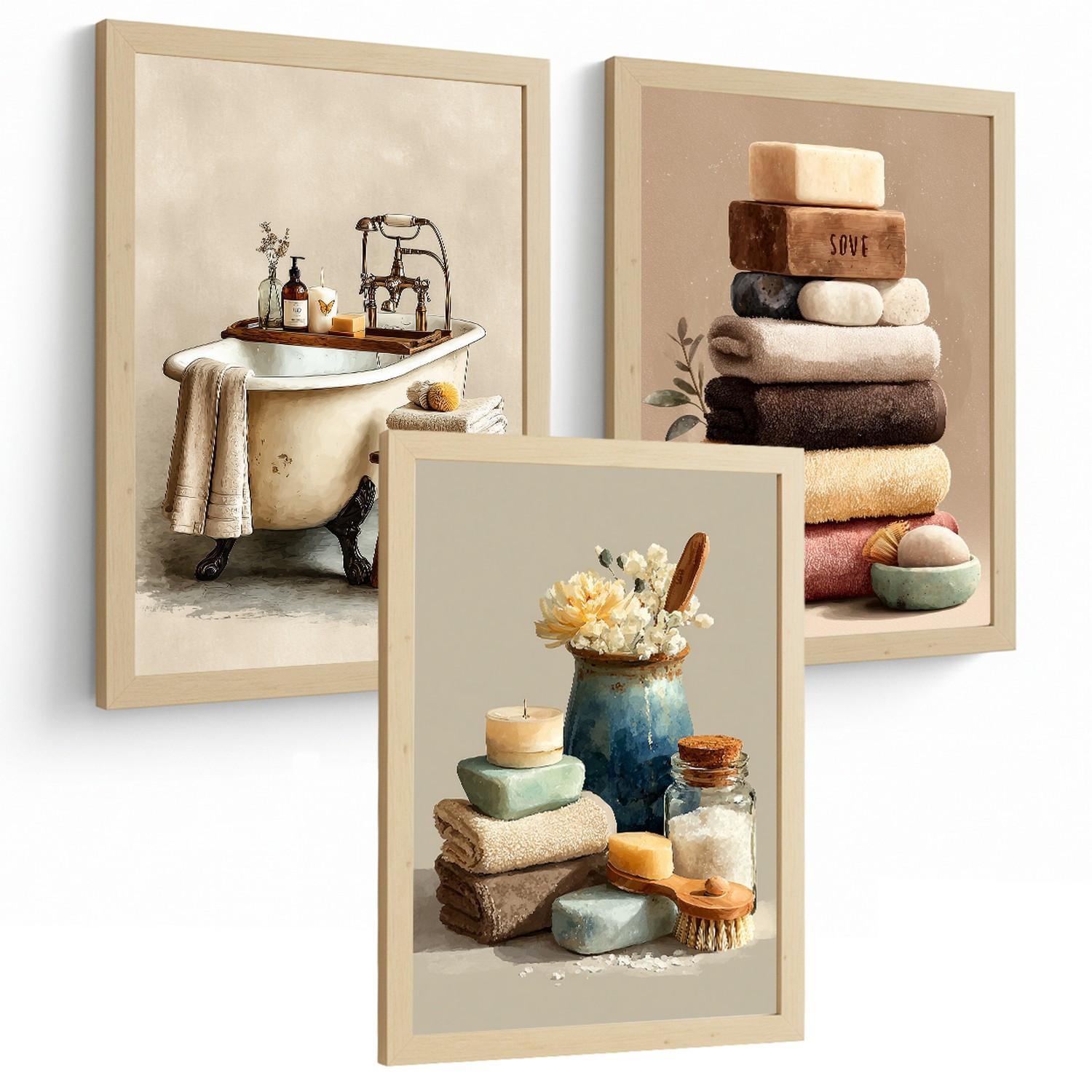 POSTER 3er-Set dekorative Badezimmerbilder, Wanddekoration, natürlichen, für Toilette, mit Handtüchern, Kerzen und Seifen Leichter Holzrahmen A3 - Beige, Papier (42/29.7/3cm) - Nacnic